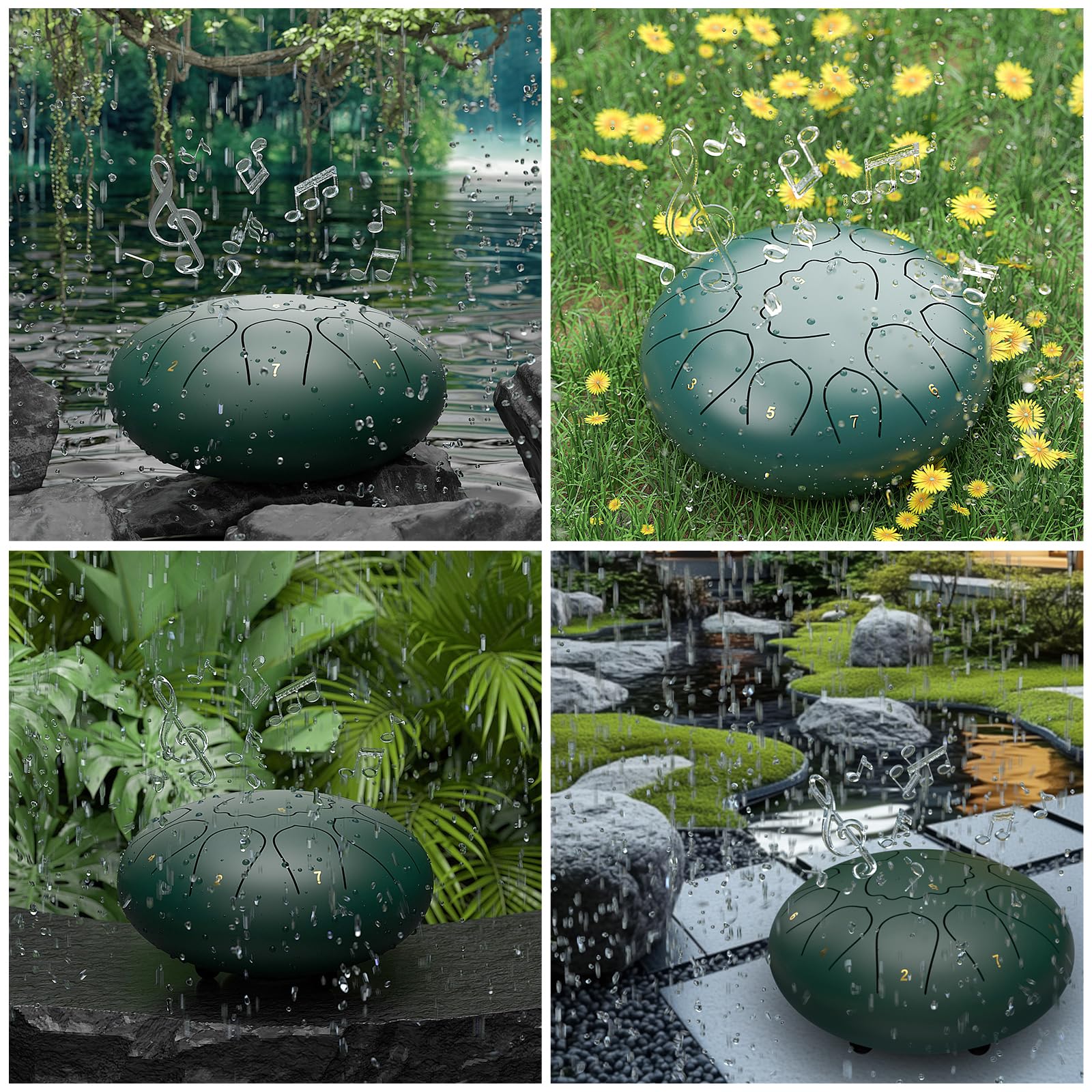 Rain Drum for Outside Garden, 8 Inches 11 Notes Steel Tongue Drum, Waterproof Meditation Rain Chime, Musical Instruments for Adult Gift with Bag, Music Book, Mallets (Green) 6