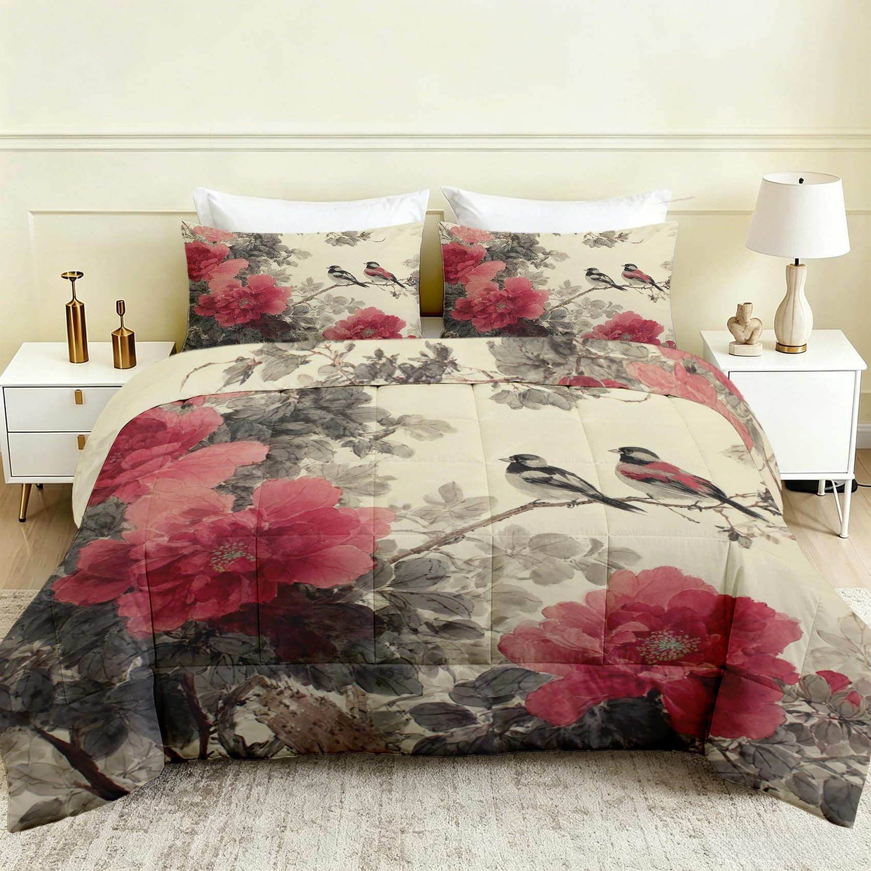 Floral Bird Coverless Duvet Double 4.5 Tog 200x200, Chinese Ink Painting Summer Comforter Set with 2 Pillowcases, Vintage Peony Pattern Reversible Soft Microfiber Bed Quilt for Bedroom Decor, zT126-S — image 1