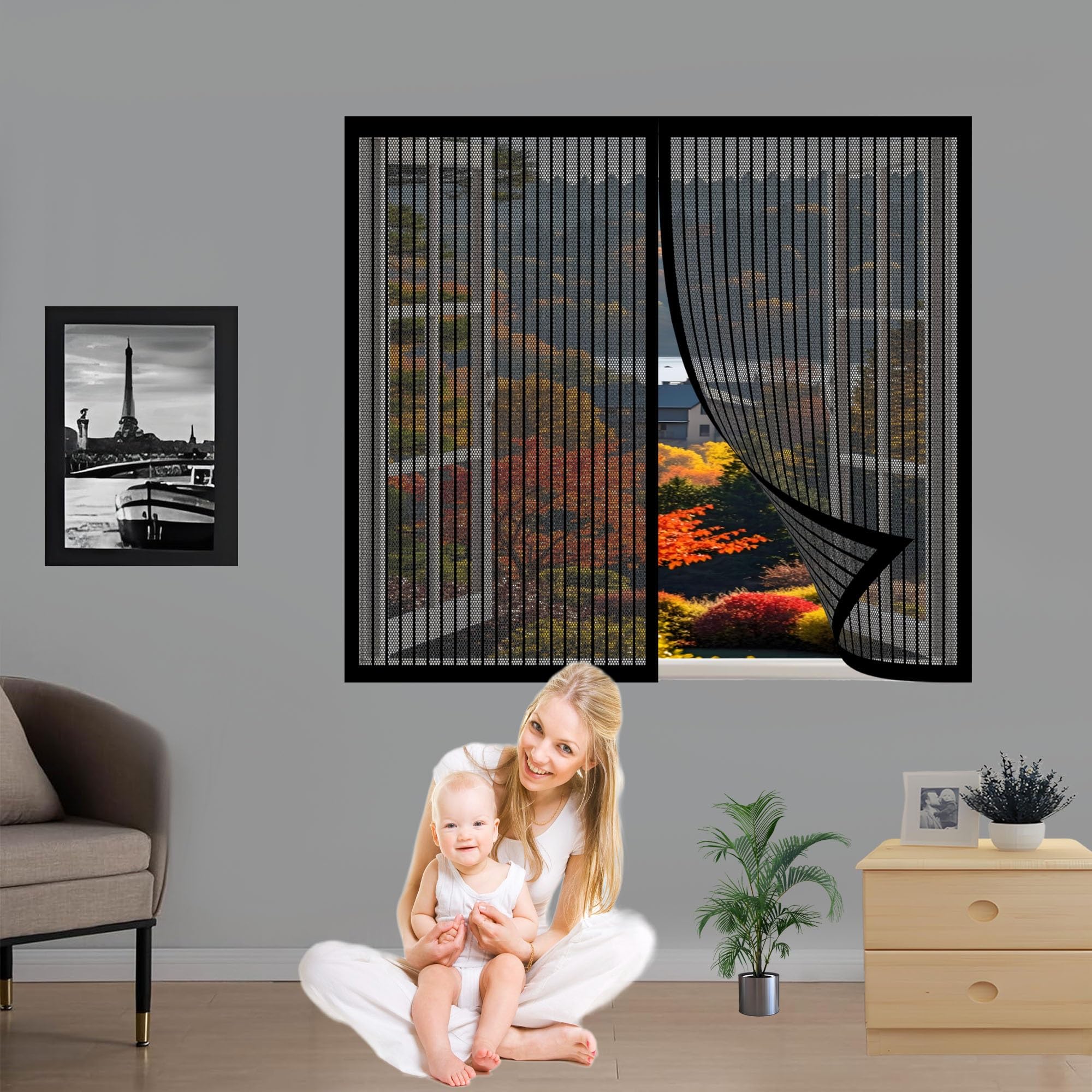 Moskitiera magnetyczna 250 x 110 cm – siatka z włókna szklanego z łatwą instalacją i pełną ramką magiczna taśma, typy okien, czarna