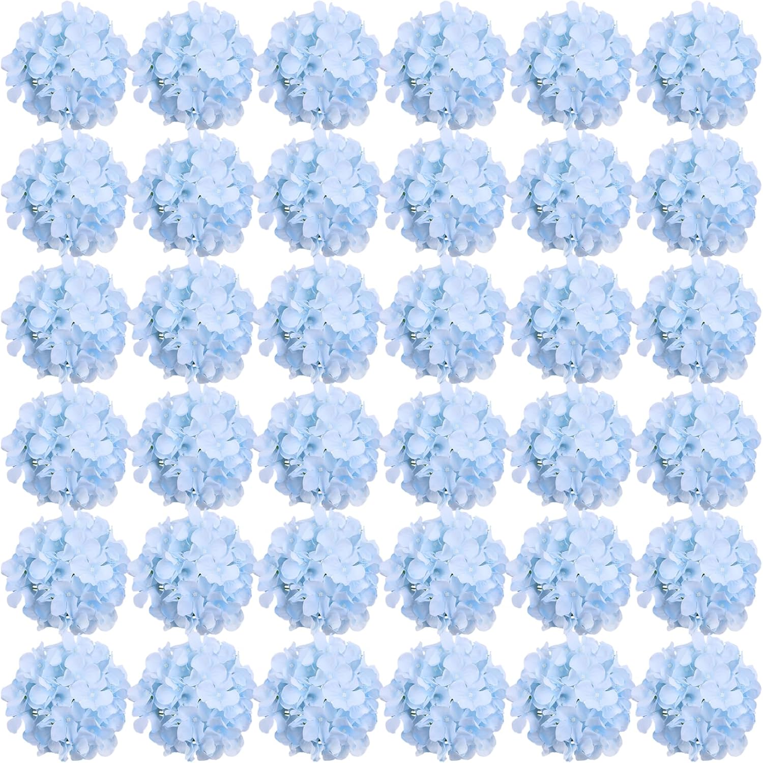 FagusHome Silk Hydrangea Heads 36 Pcs Artificial Flowers Heads and 3 Dozens Stems Fake Hydrangea Flowers with Stems for Home Wedding Decor (Light Blue)