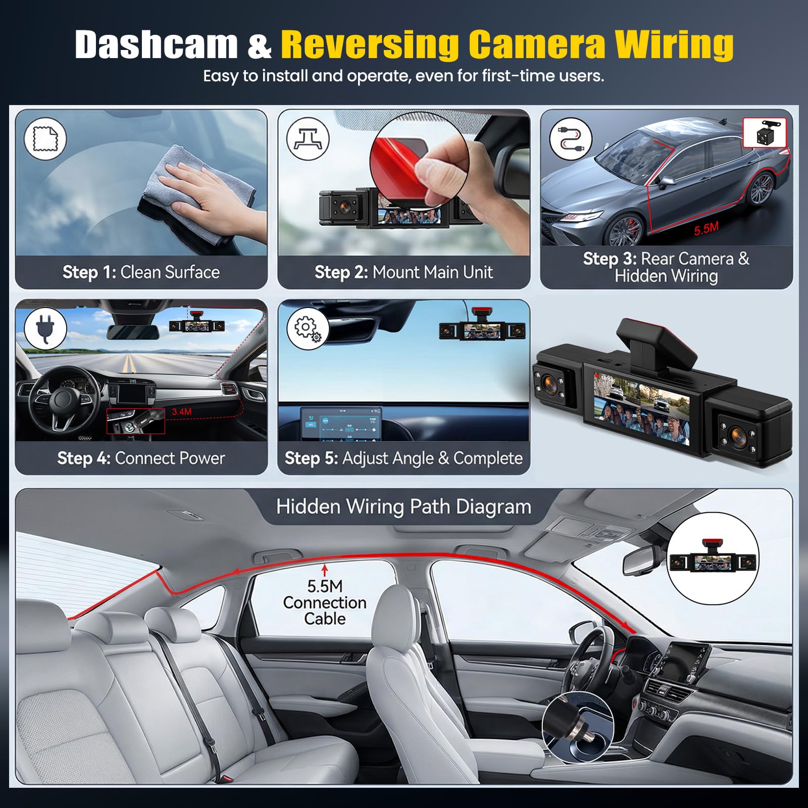 Cámara para Coche, 4 Canales Frontal Trasera Izquierda y Derecha 1080P HD, Protección Integral de 360°, Grabación de vídeo de Seguridad para Coche, Visión Nocturna, Grabación en Bucle