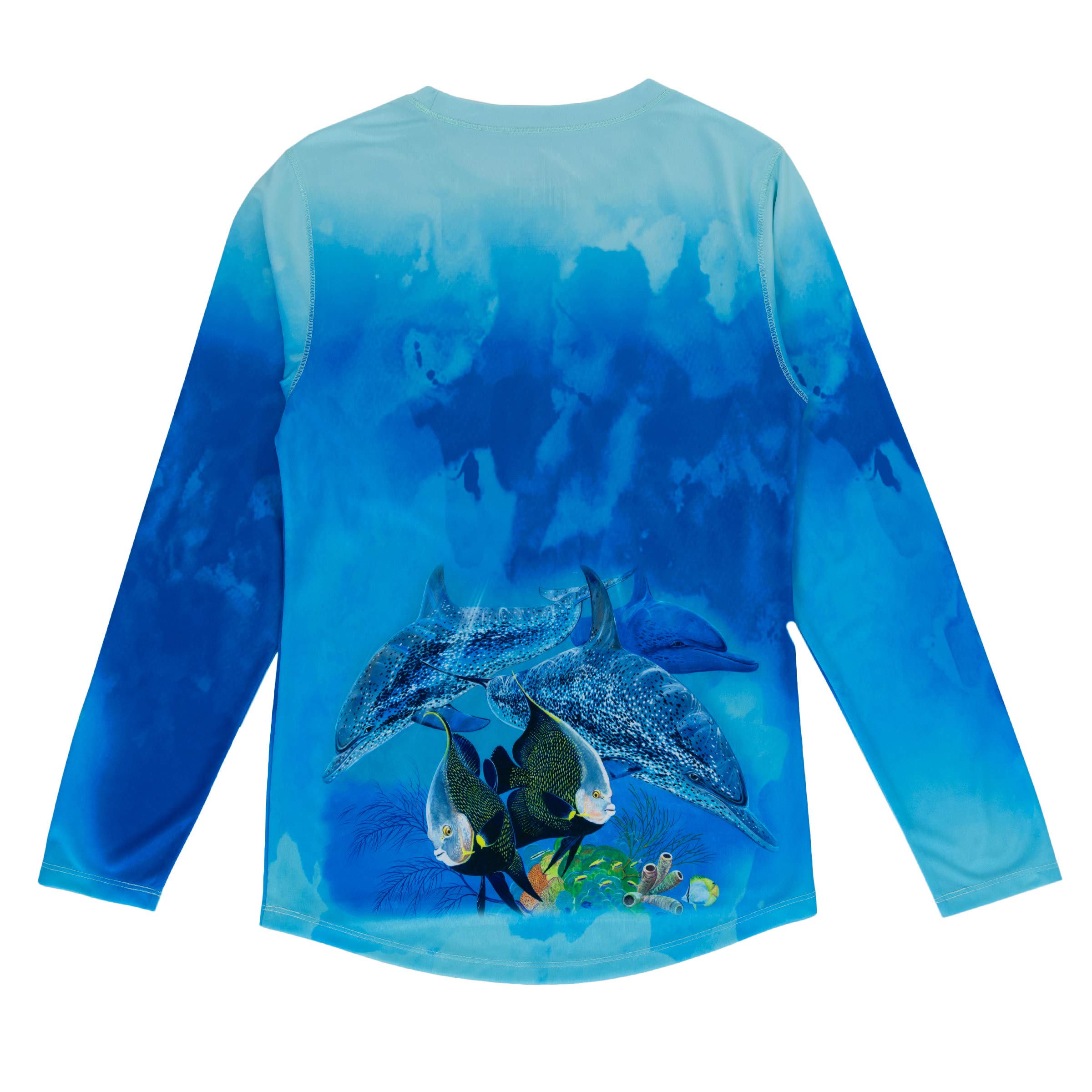 Guy Harvey Girl's Porpoise with Fish Angels Long Sleeve Sun Protection Top, Beach Glass/Porpoise, X-Large