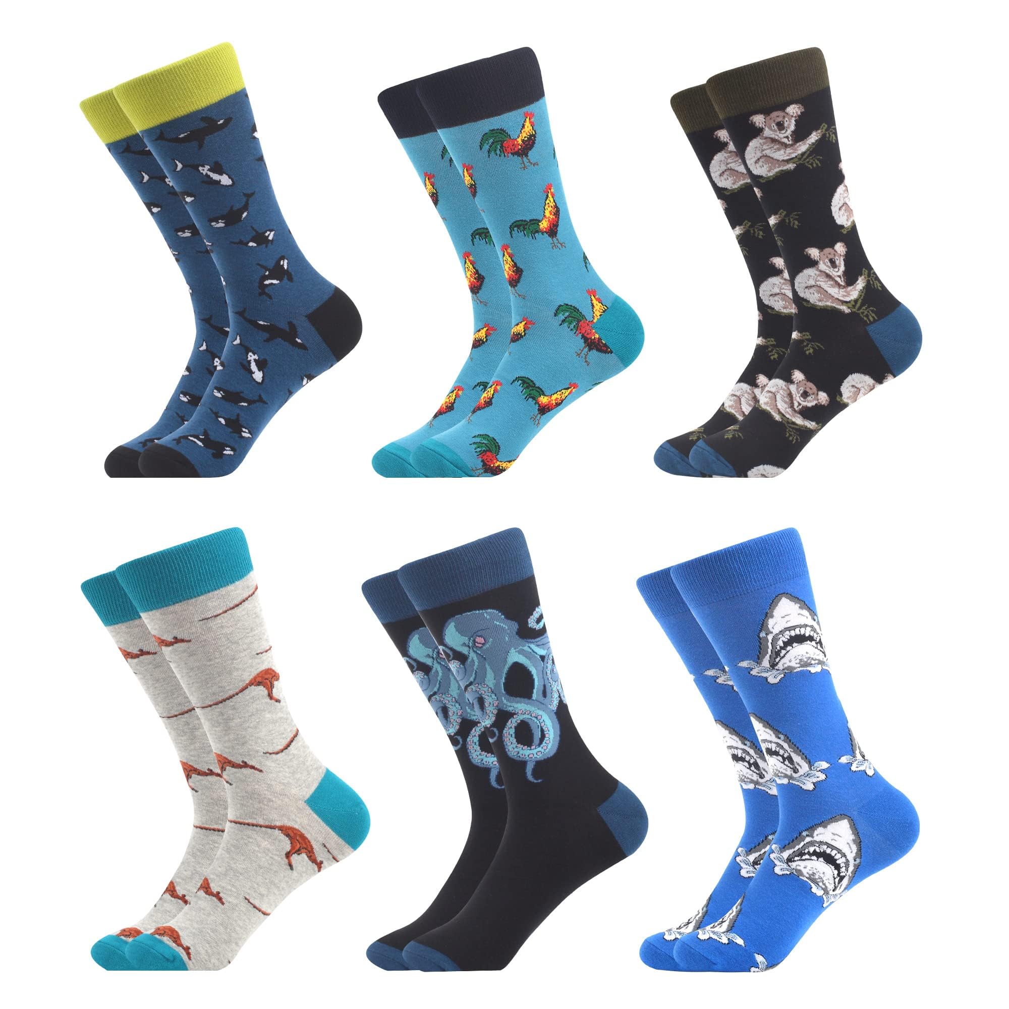 Funny Colorful Novelty Patterned Crew Socks, 6 Pack Multicolor Animal, Size 7-10
