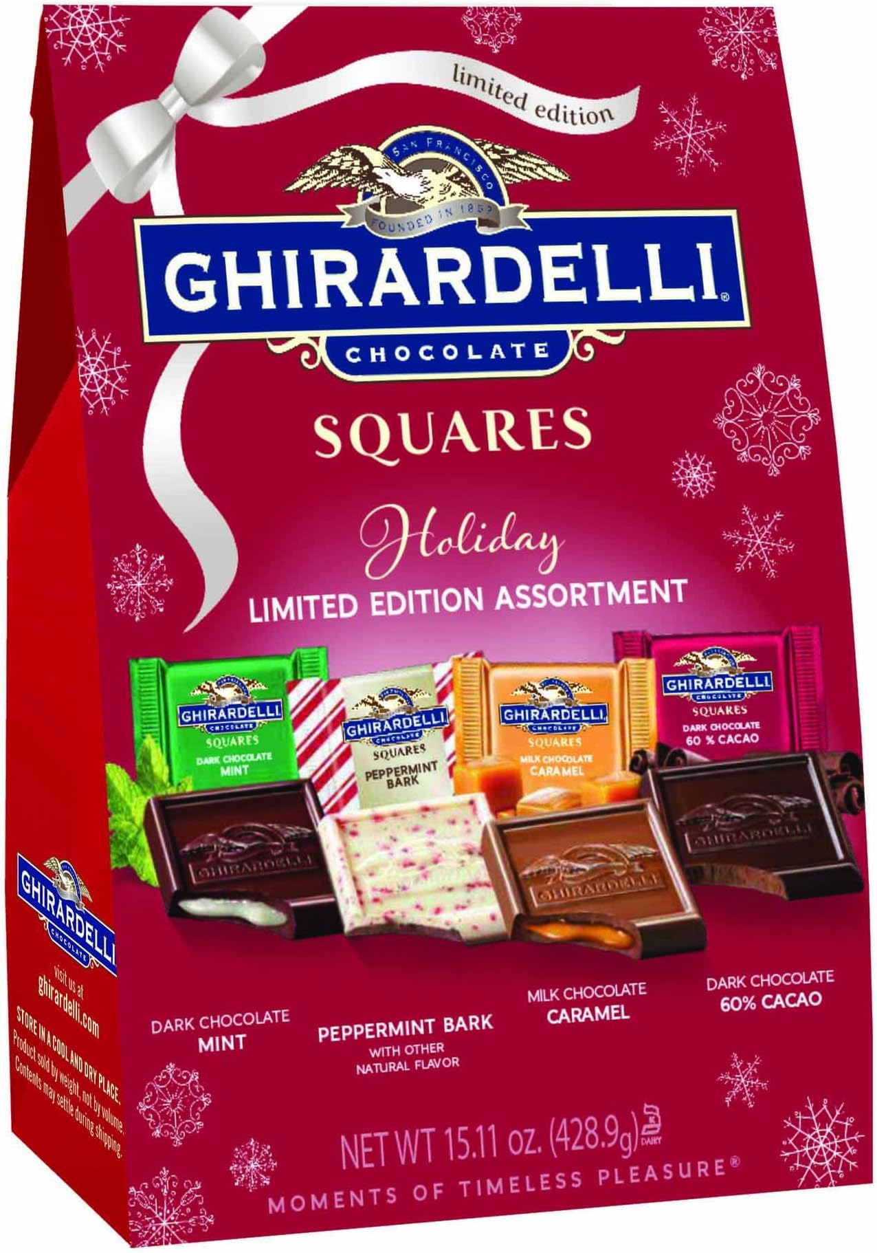 Ghirardelli Chocolate Squares Limited Edition Holiday Assortment | 14.8 oz XL Bag | Dark Chocolate, Mint Peppermint, Bark Milk Chocolate, Caramel Dark Chocolate 60% Cacao