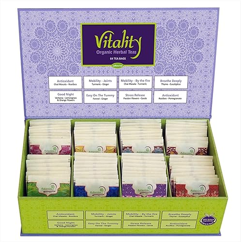 Adanim Bio Vitality - Caja de regalo de muestras de té orgánico paquete variado de té de hierbas de 8 sabores 64 bolsas de té individuales colección