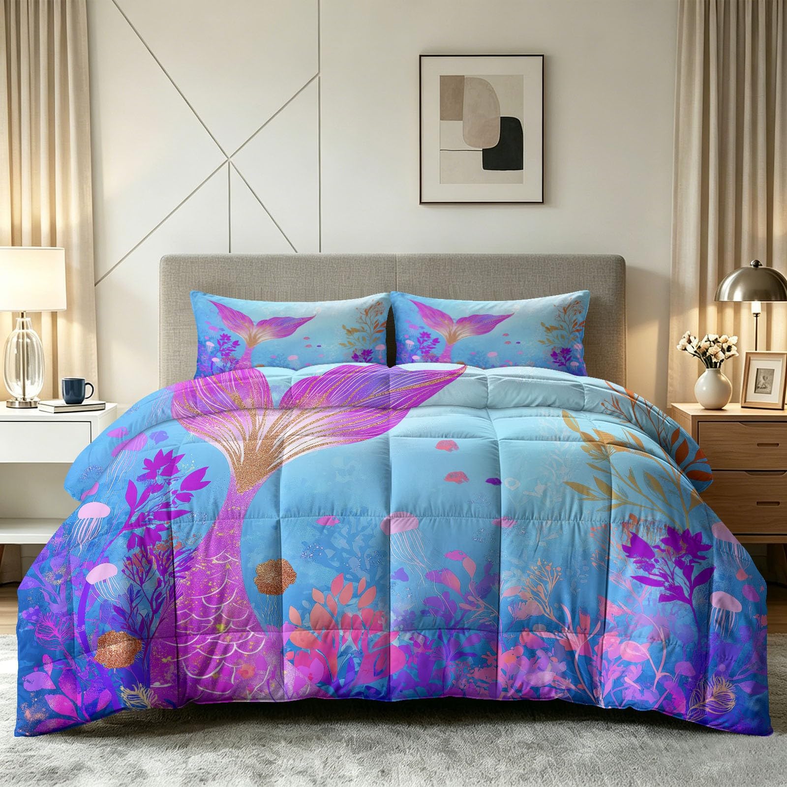 Couette 220 x 240 cm 4 Saisons avec 2 Taies d'Oreiller Motif Sirène
