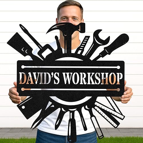 Miniatura 31 de Letrero de taller de garaje personalizado para hombres, arte de pared de metal con nombre personalizado para cobertizo mecánico, decoración rústica