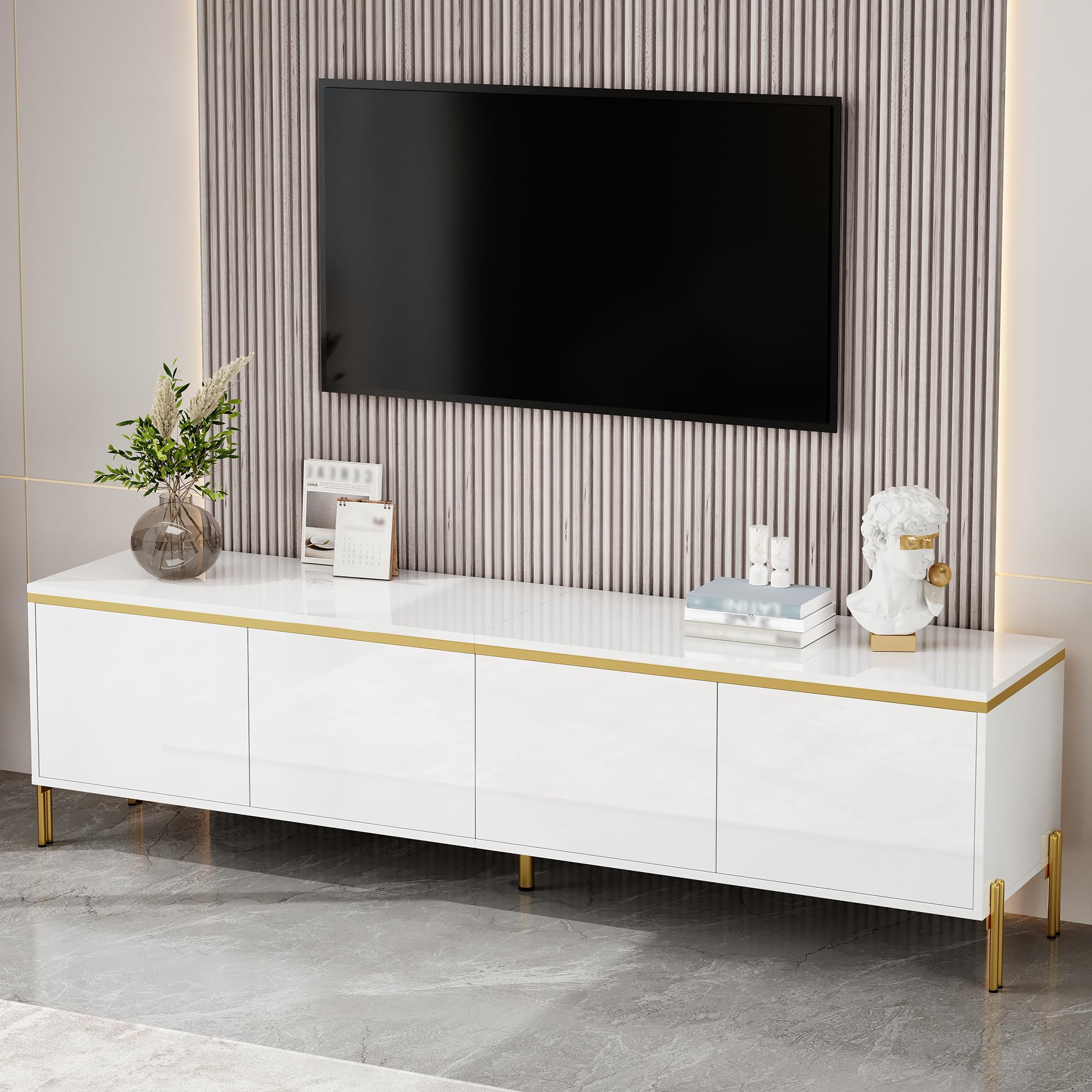 Merax High Gloss TV Unit 170cm with 4 Doors Storage White & Gold — image 1