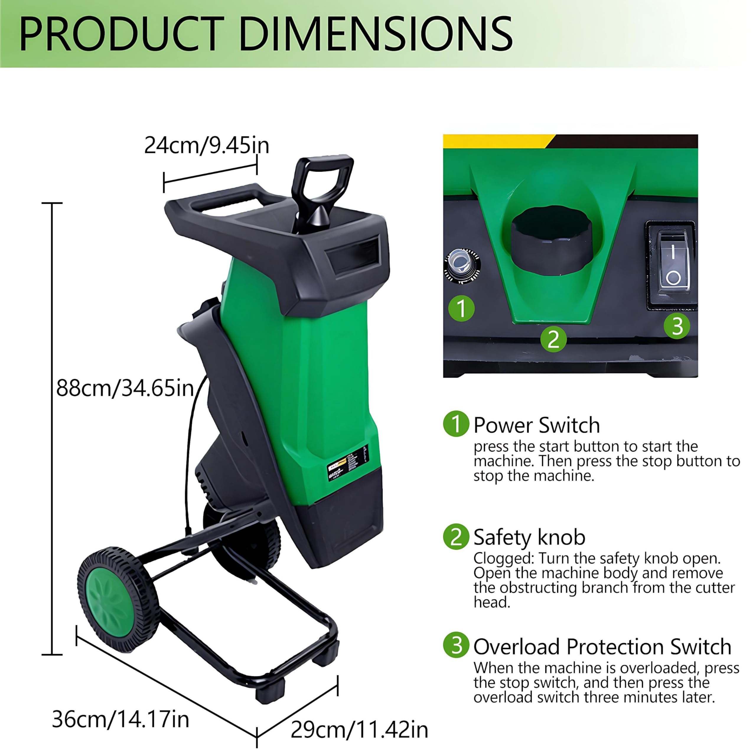 Trituradora de jardín, máquina trituradora de Ramas de árboles de 2400 W, protección contra sobrecarga/Bloqueo, Capacidad de Corte de 40 mm, 4500 RPM, para compostaje y residuos de jardín
