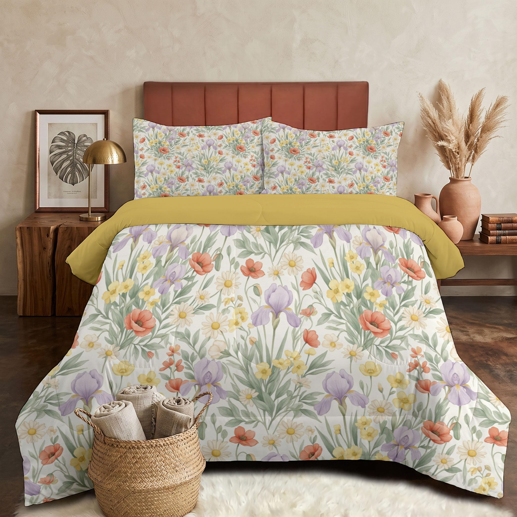 Trapunta Semplici Fiori Di Papavero Prato, Piumino Singolo 4 Stagioni | 140X200 Cm Con Federa 50X80, Piumone Leggero In Microfibra, Trapunta Reversibile Piante Rurali Ad Acquerello, Beige