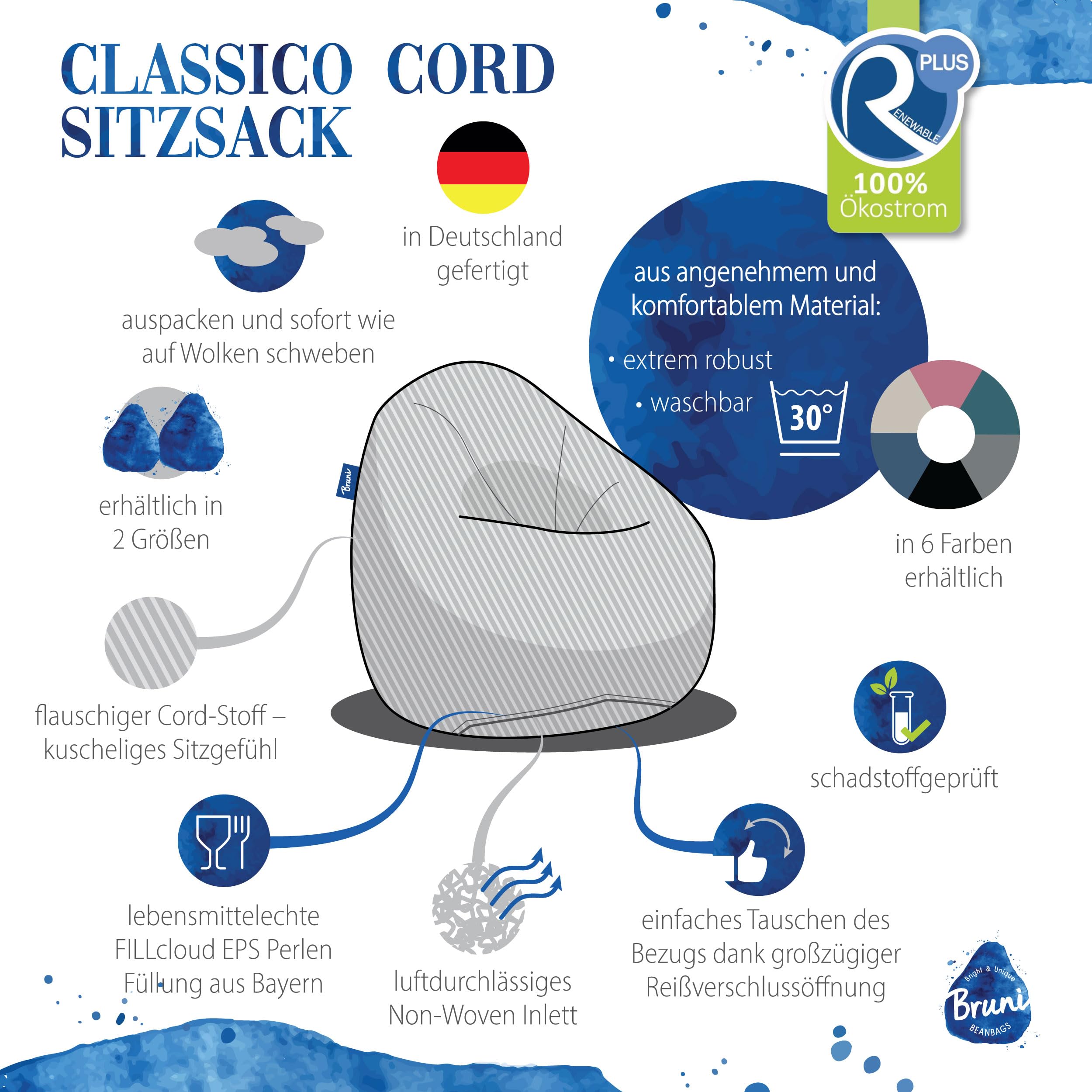 Bruni Classico Cord L in Grau - XXL-Sitzsack für drinnen mit Füllung, Indoor-Sitzsack aus Deutschland