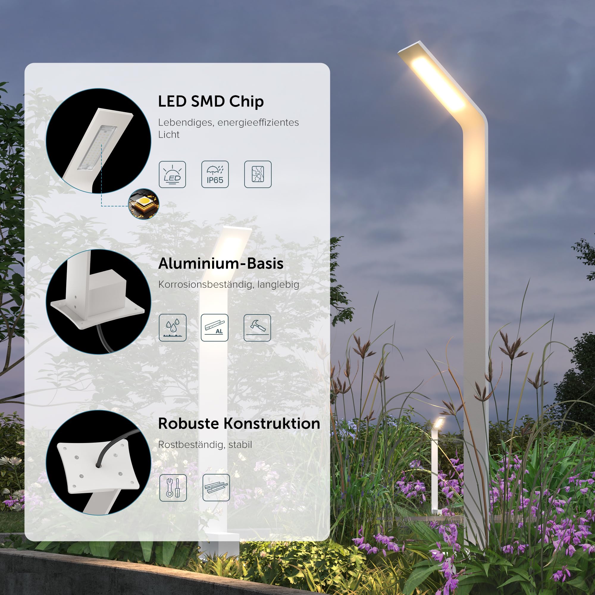 doporro Wegeleuchten Außen Stromanschluss 40cm Gartenleuchte IP65 6W | Gartenlampen für Draußen Strom, 3000K Warmweiß Pollerleuchte Standleuchte Außen, 128x98x408mm, Sandweiß, Pfadfinder