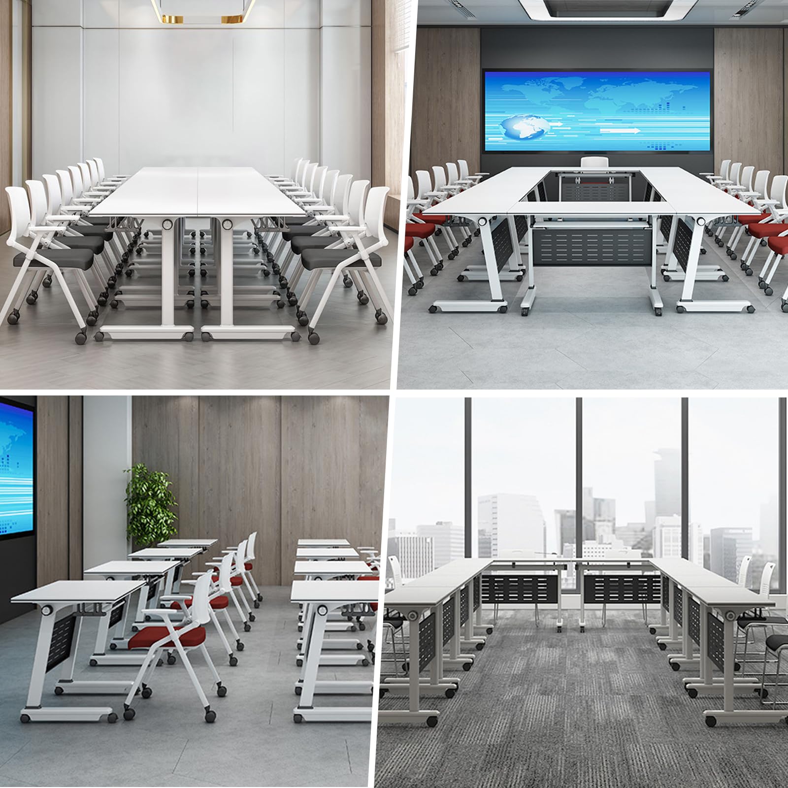Tavoli da conferenza pieghevoli e mobili, 160 x 40 cm, con piano ribaltabile e ruote, ideali per ufficio, sale riunioni, corsi di formazione e seminari. Set da 4 pezzi con vano portaoggetti.