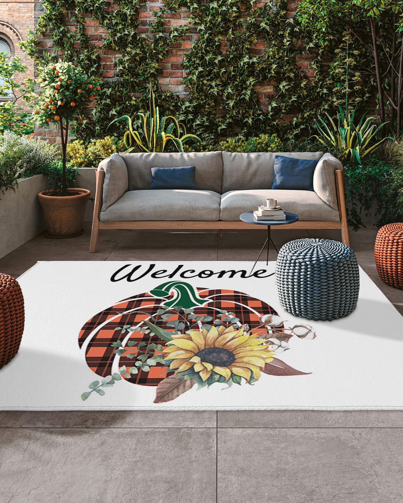 Fall Outdoor Rug Orange Plaid Pumpkin Outdoor Area Rug Fall Doormat Non Slip Outdoor Patio Rugs Sunflower Welcome Non-Slip Outdoor Carpet Camping RV Rug/Deck Rug/Porch Rug 4 x 6 ft for Thanksgiving