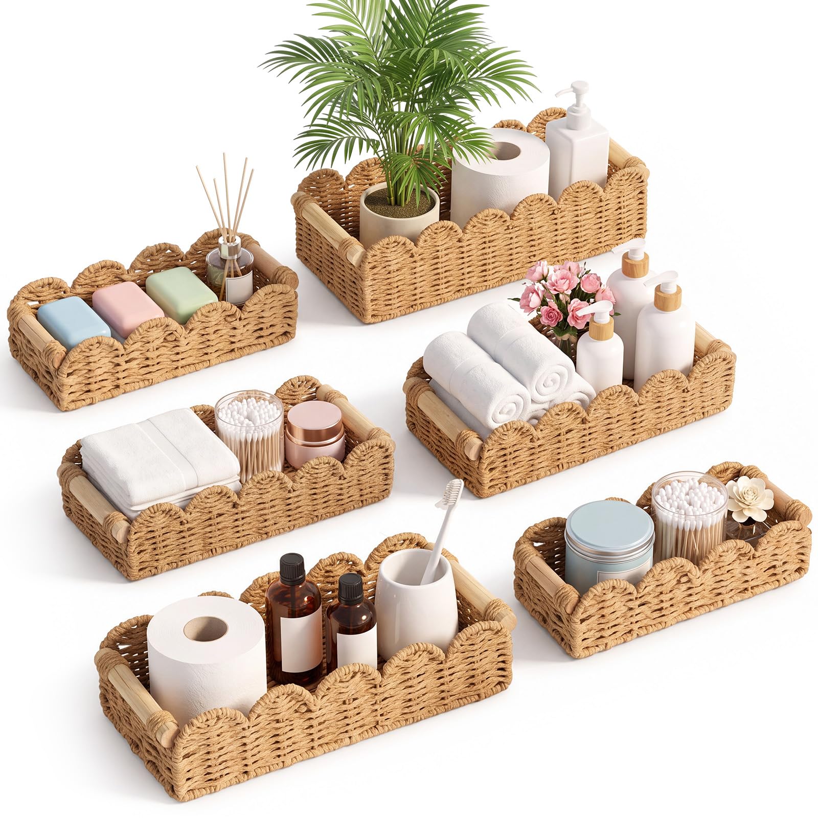 6 Pcs Scalloped Edge Toilet Paper Storage Basket, Handwoven Paper Rope Wicker Bins with Wooden Handle, Boho Decorative Organizers for Bathroom Tank, Living Room Countertop Shelves Decor