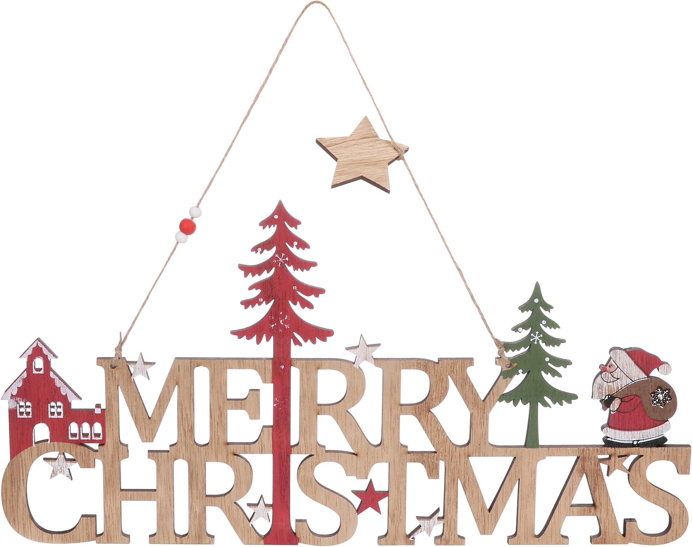 42cm Wooden Merry Christmas Sign With Santa and Christmas Trees