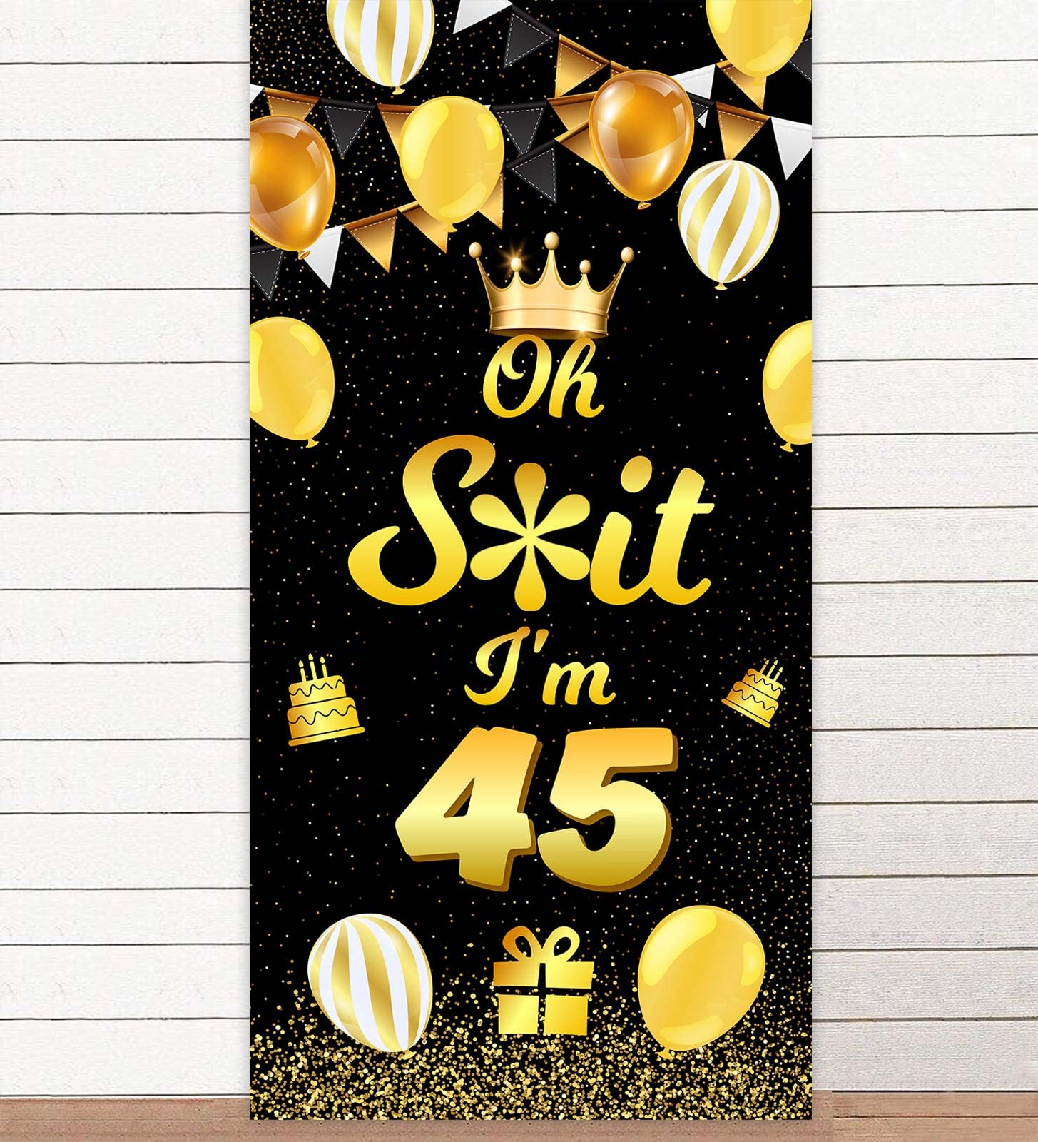 Oh S*it I’m 45 Happy 45th Birthday Banner Backdrop Crown Balloons Confetti Cheers to 45 Years Old Bday Theme Decorations Funny Birthday Decor for Women Men 45th Birthday Party Supplies Black and Gold