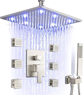 SKOWLL Shower Body Faucet Set Ceiling Mount, 12” LED Shower Head with Jets | Full Body Shower System with Handheld, 6 Body Spray Jets, Rough-In Mixing Valve, Pressure Balance Cartridge, Brushed Nickel