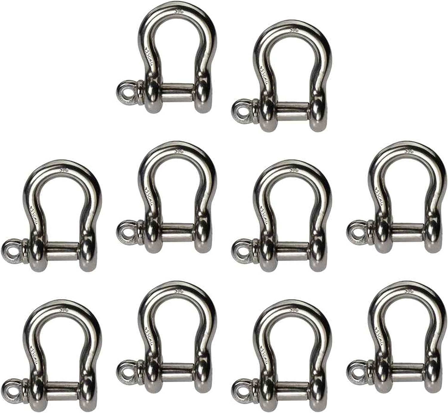 US Cargo Control 3/16 Inch Stainless Steel Type 316 Screw Pin Anchor Shackles in a 10 Pack - Each with a 0.325 Ton Capacity
