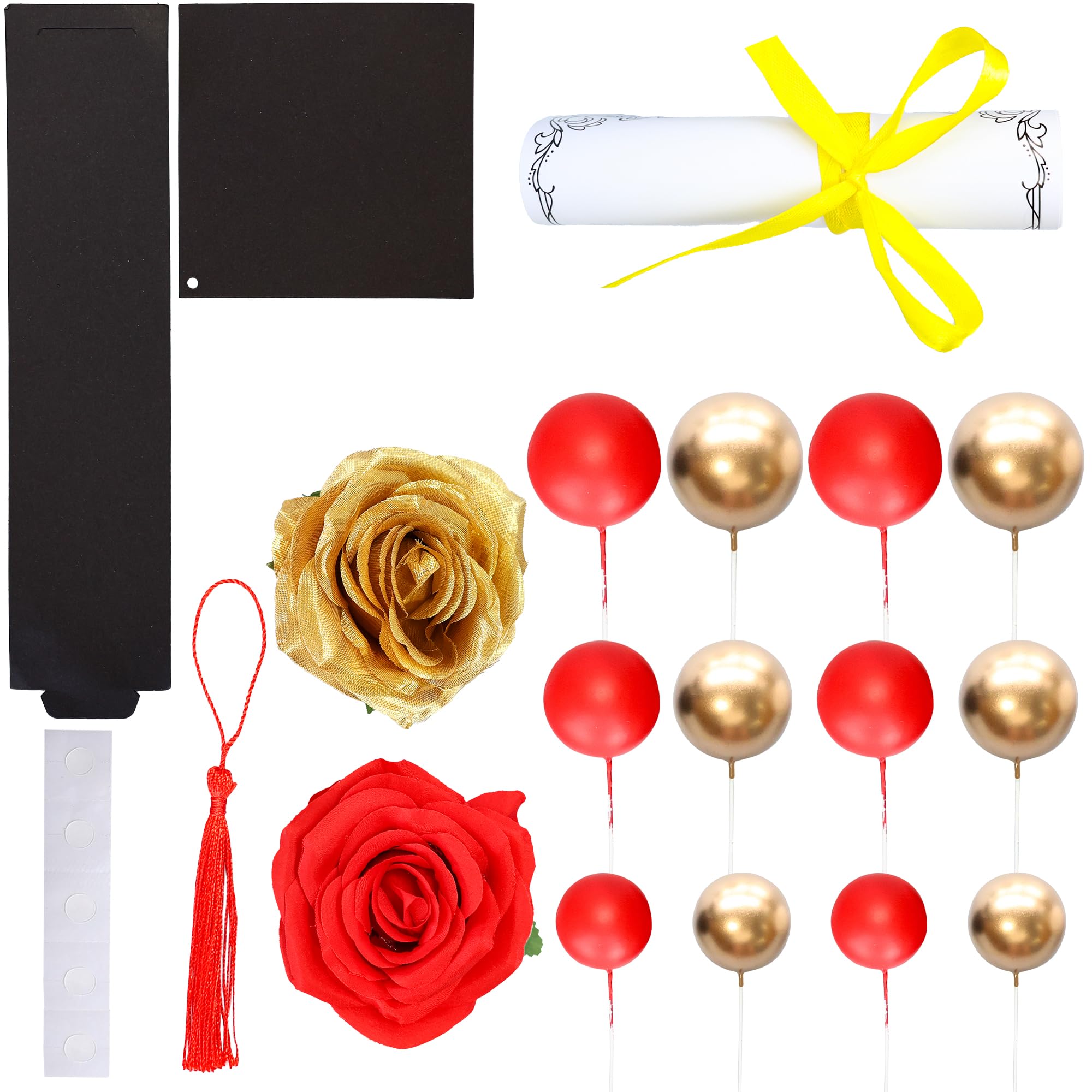 Gyufise 40Pcs 2025 Graduation Cake Topper Decoration Diploma Done Diploma Grad Cap Cake Pick Balloon Flower Prom 2025 Cake Decorations for Class of 2025 Congrats Grad Party Supplies Red Gold - Image 3