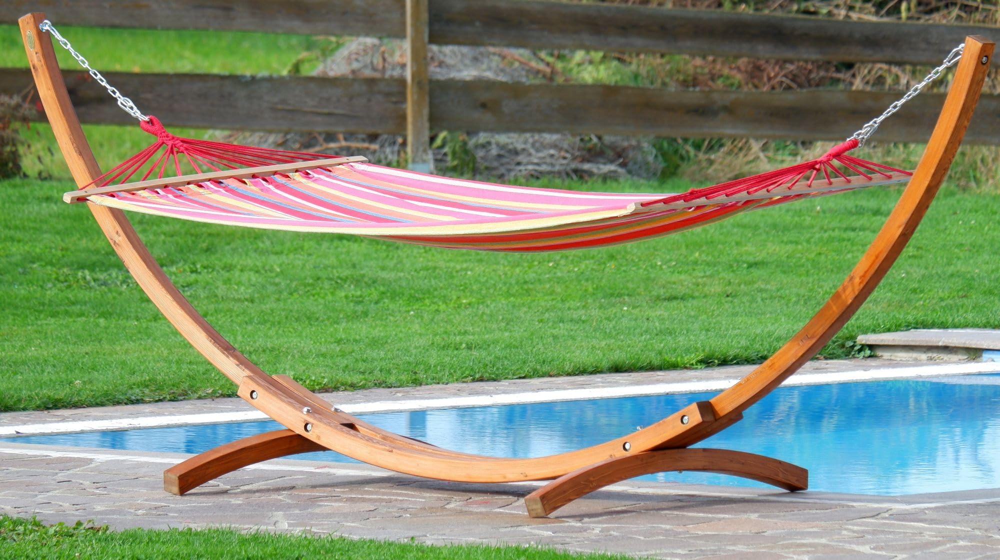 ALEOS. Hängemattengestell 350cm mit Stab Hängematte, bunt, Lärchenholz