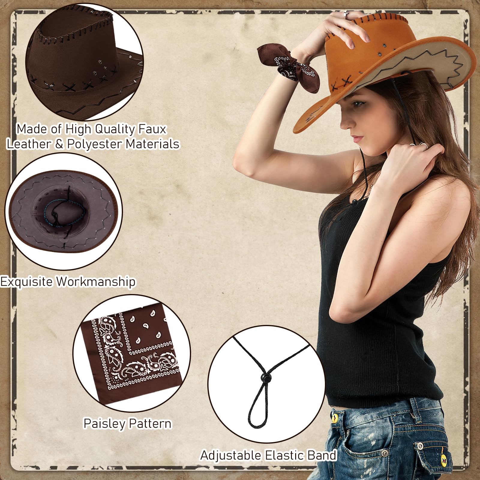 MALLOOM 10 Set Cappello da Cowboy e Bandana per Donne e Uomini, 10 Cappelli da Cowgirl Cowboy, 10 Bandane Western, Accessori per Costume Adulto per Festa a Tema