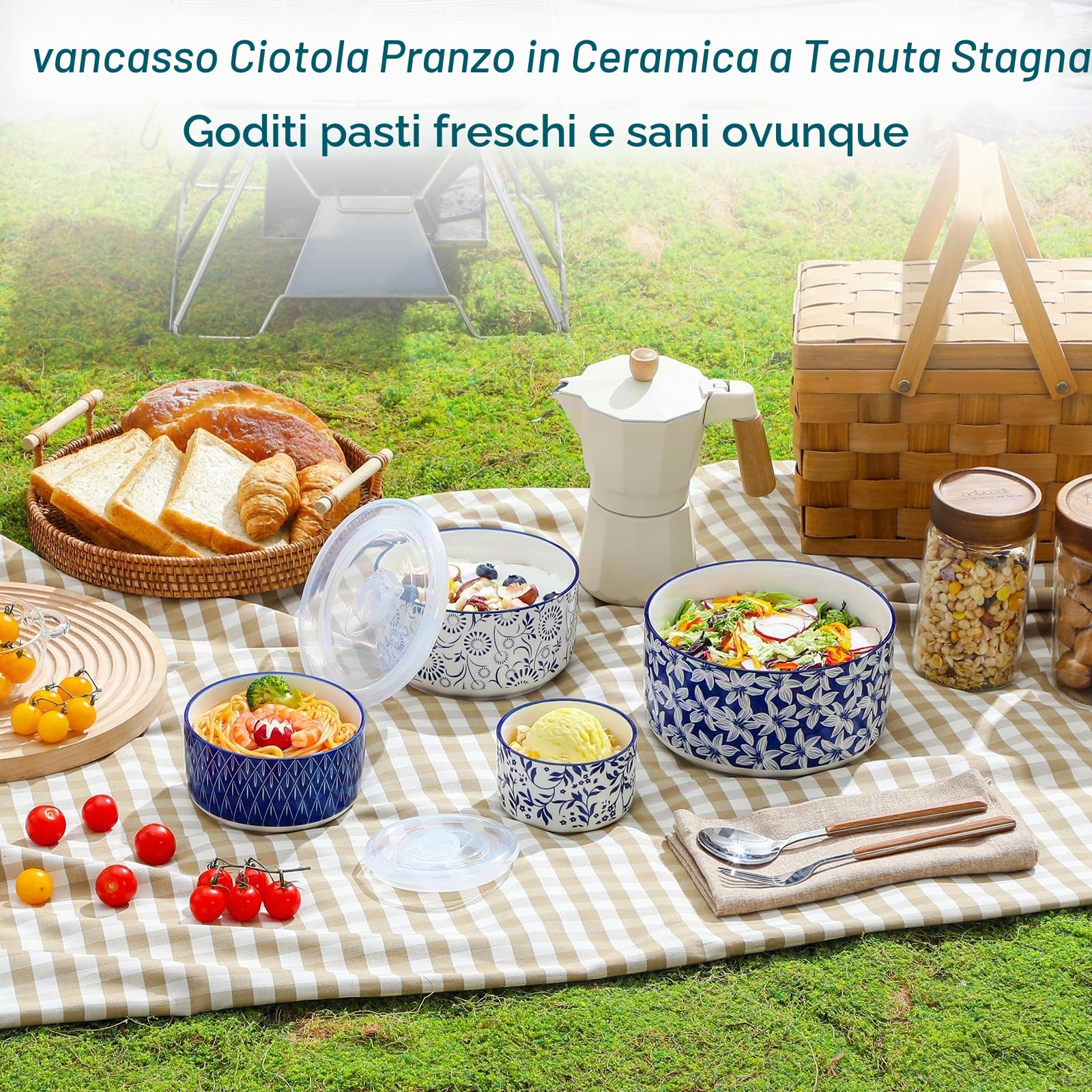 vancasso SELENE - Set di 4 Contenitori per Alimenti, Lunch Box in Ceramica, Contenitori per la Cucina, Ideali per cereali, insalate, zuppe, Utilizzabili in microonde e congelatore - Bianco e Blu