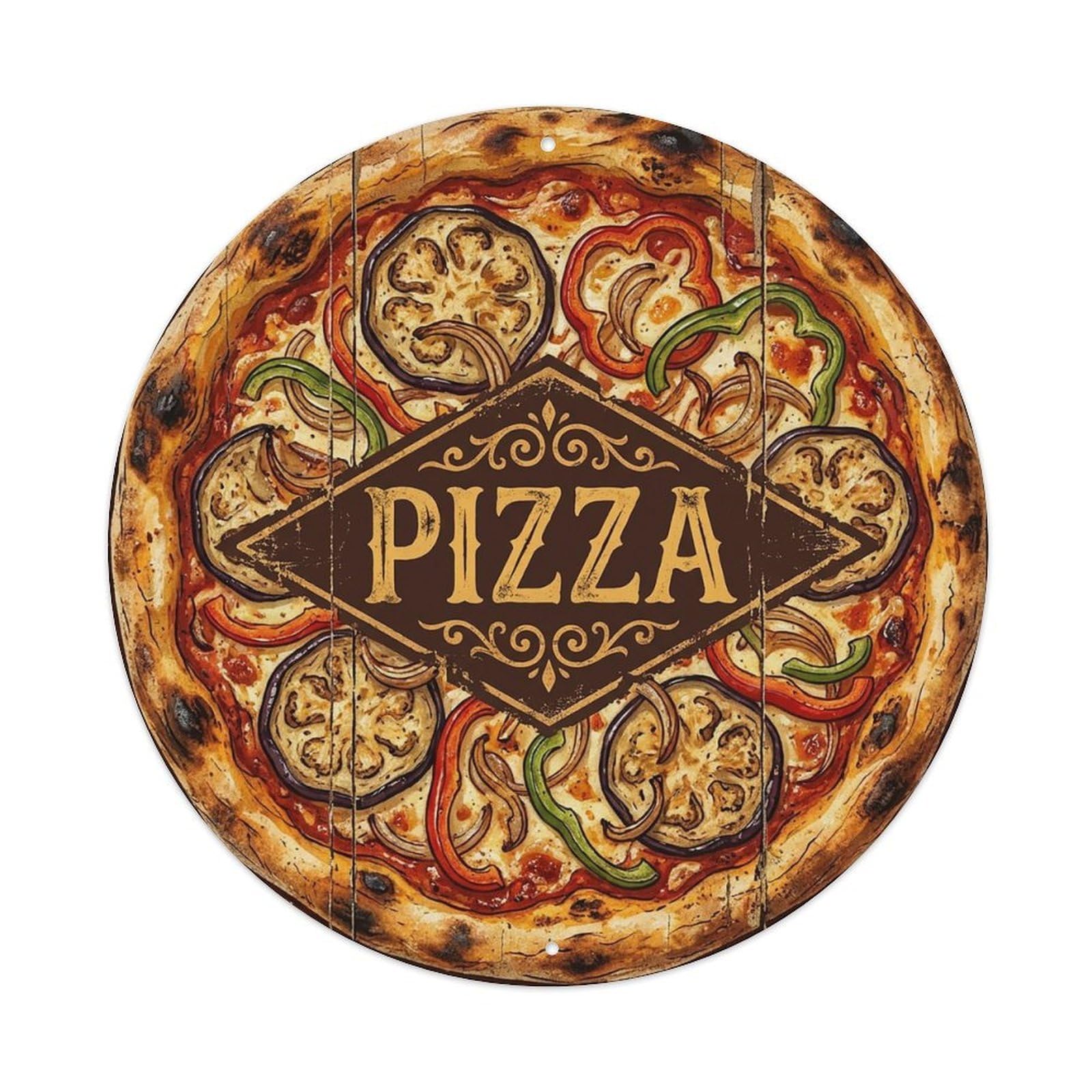 Yrnq 8X8inch Vintage Style Vintage Pizza Eggplant Pepper Onion Food Decoration Metal Tin Sign