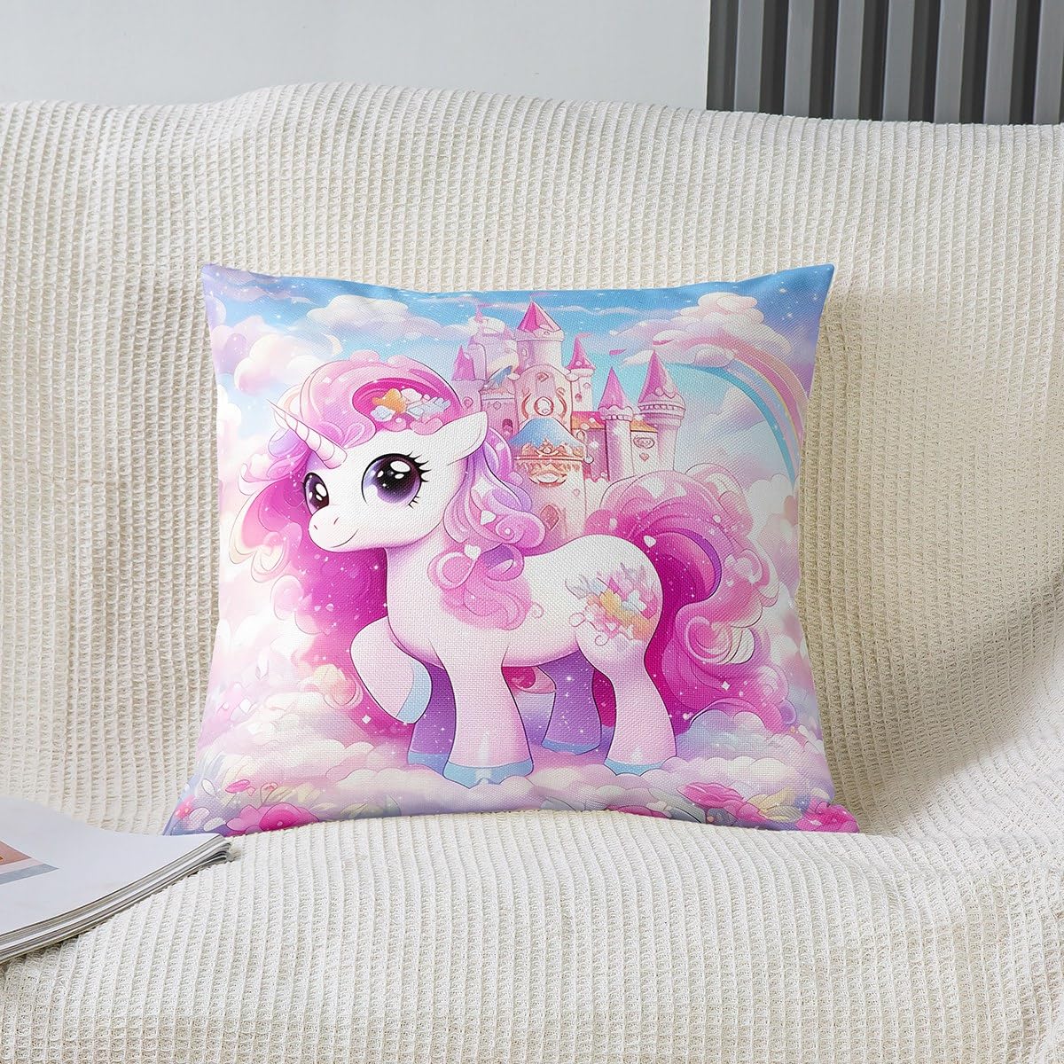 Pink Unicorn Girls Throw Pillow Cover Cartoon Castle Colorful Rainbow Cushion Cover for Kids Teens Adults Cute Cartoon Dreamy Animal Cushion Case for Living Room Bed 18x18 Inch