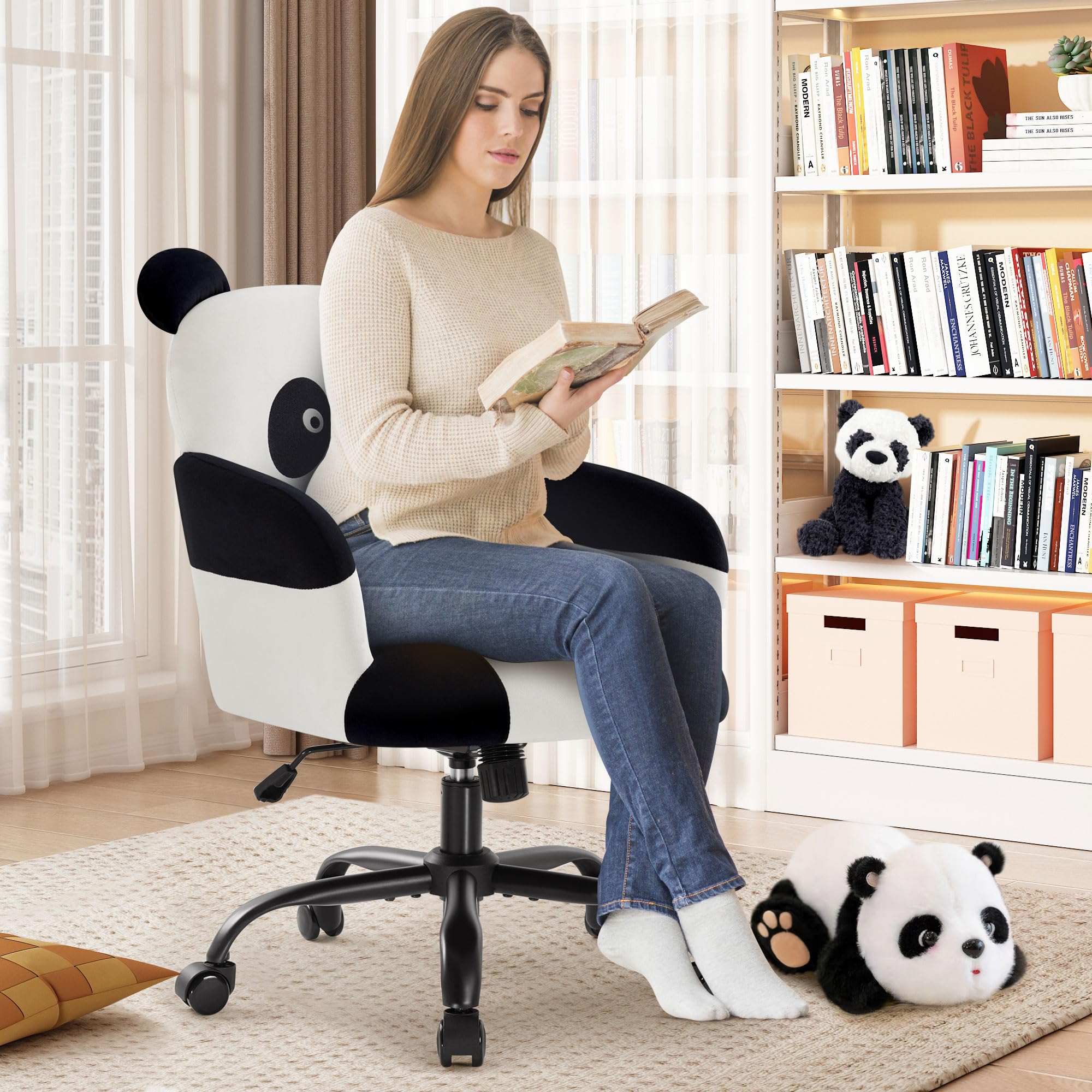 IWMH Home Office Chair Wide Seat Desk Chair Cute Velvet Swivel Vanity Chairs Cat Themed Computer Task Chairs with Wheels Upholstered Modern Accent Armchair for Living Room Bedroom Study Makeup: Black 1