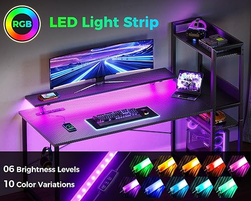 Miniatura 4 de ODK Escritorio reversible para juegos de 55 pulgadas con puerto de carga USB y tomas de corriente, escritorio para computadora con estantes de