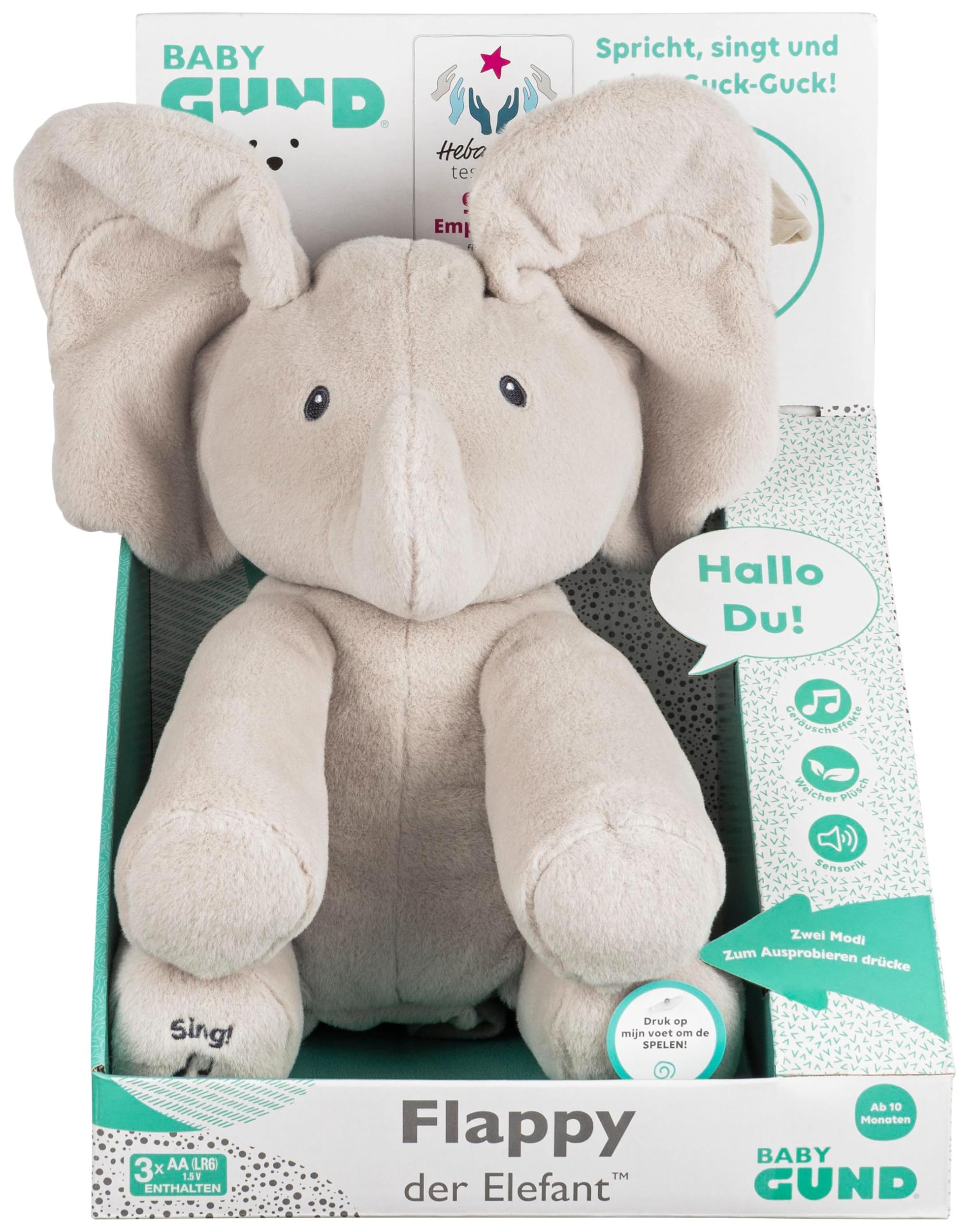 GUND Flappy, der singende und sprechende Elefant spielt Guck-Guck mit den Ohren - deutsch, ca. 30 cm