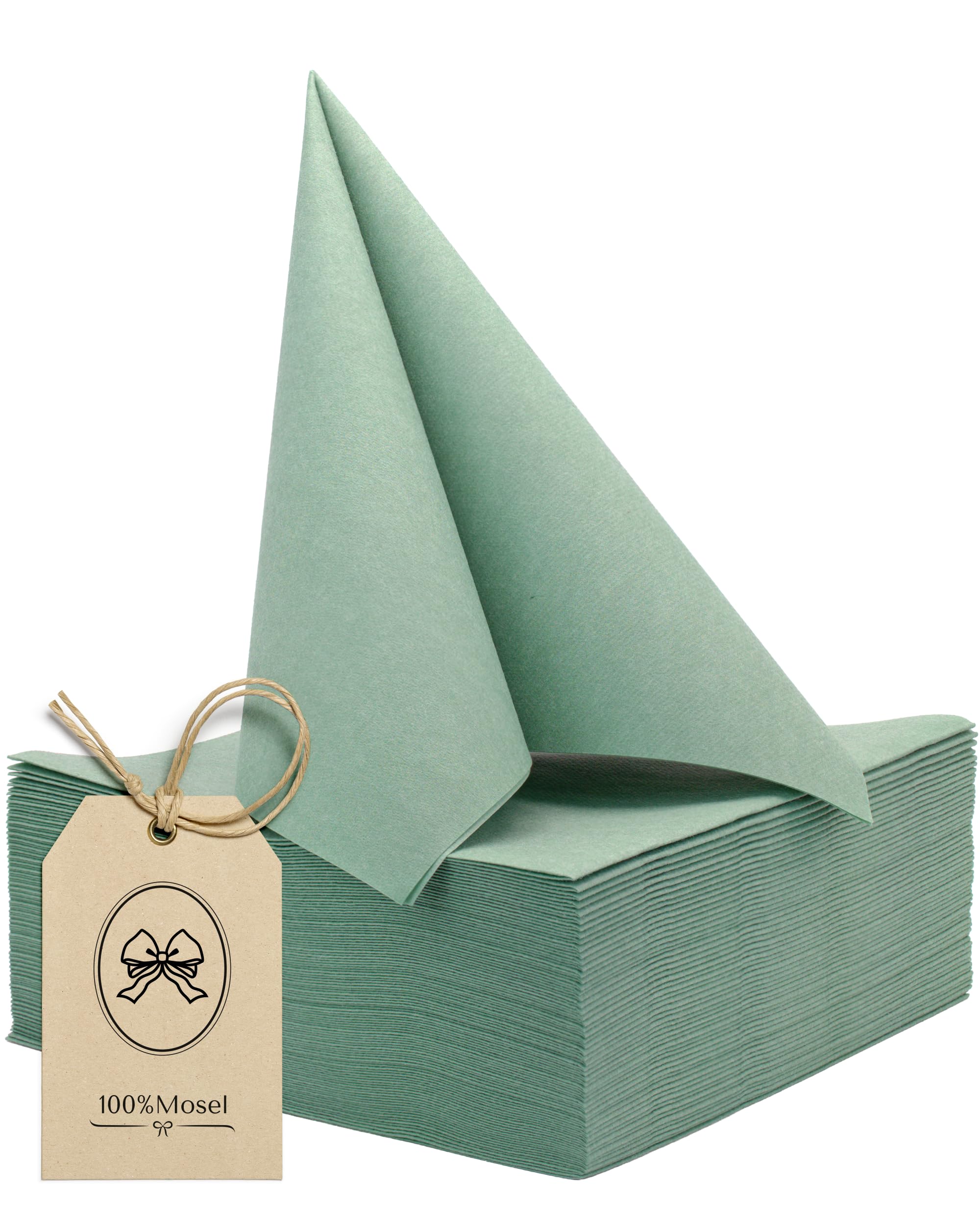 100% Mosel Airlaid Servietten, 50 Stück (40 x 40 cm), in Eukalyptus Grün – stoffähnlich & beidseitig farbig – Premium Tischdeko für Hochzeit, Kommunion, Konfirmation, Taufe & Geburtstag