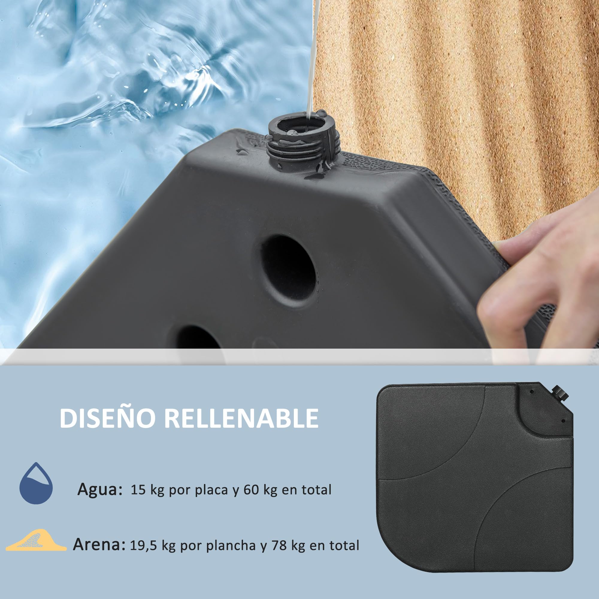 Outsunny Peso para Base de Sombrilla Rellenable para Base Cruzada Negro | 4 Piezas, para Sombrilla Excéntrica Cuadrado, Agua 15 L, Arena 19,5 kg