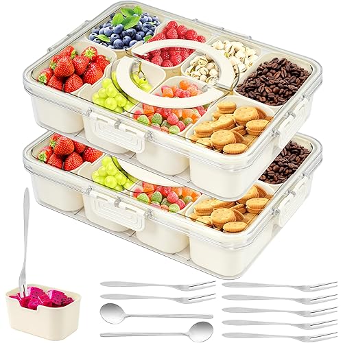 2PCS Snackle Box Container, 3rd Gen Vegetable Tray with Lid, Divided Serving Tray with Lid and Handle, 8 Compartment Veggie Platter, Snack Box Container, Food Organizer for Nuts, Candy, Fruits
