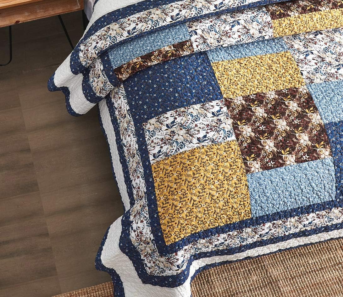 Tache Cotton Patchwork Farmhouse Cottage Coastal Garden Ditsy Floral Blue Yellow White Brown Lightweight Coverlet Prairie Sunset Quilt Set, King