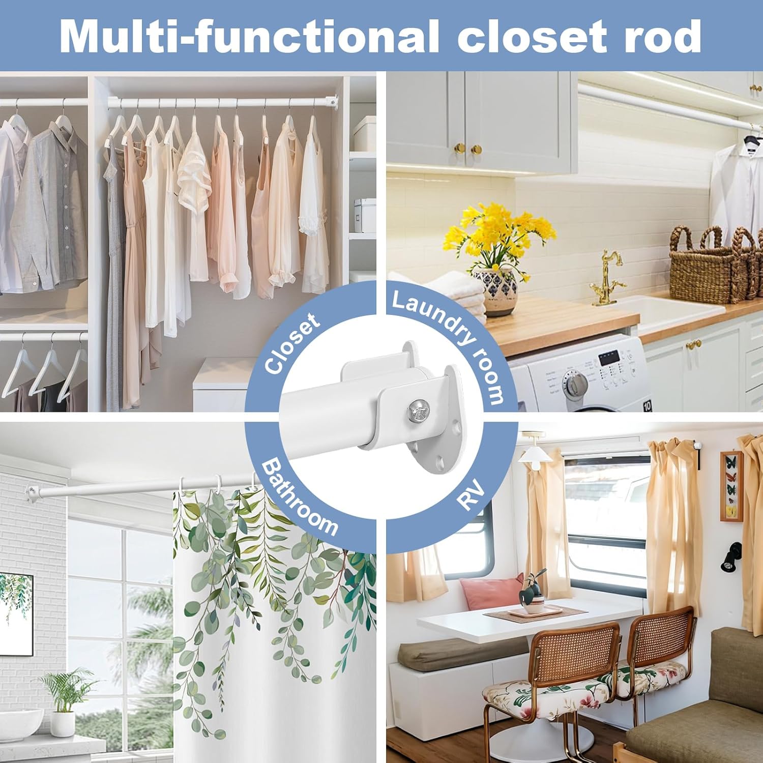 Closet Rods For Hanging Clothes,17-39 Inches Stepless Spring Adjustable Closet Rod With bracket U-shaped,1.3 Inches Heavy Duty White Closet Hanging Rod For Wardrobe,Laundry room,Bathroom And Windows