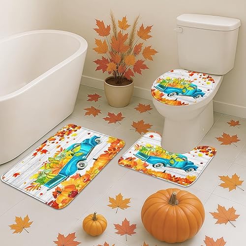 Miniatura 6 de Juego de cortina de ducha de calabaza con cubierta de tapa de inodoro y alfombras antideslizantes, 4 piezas de cortina de ducha para baño,