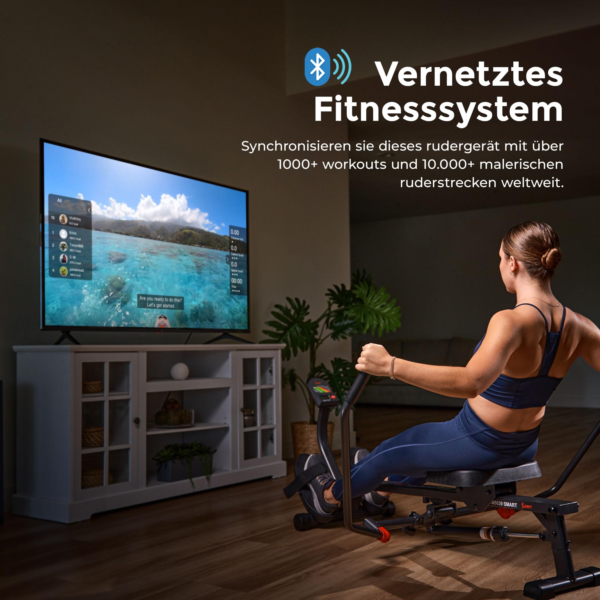 Sunny Health & Fitness Smart Kompaktes Rudergerät mit Vollbewegung, Einstellbarem Widerstand, Gelenkschonendem Ganzkörper-Workout, Langem Gleitrail, Max Benutzergewicht 180 kg, Kostenlose SunnyFit-App