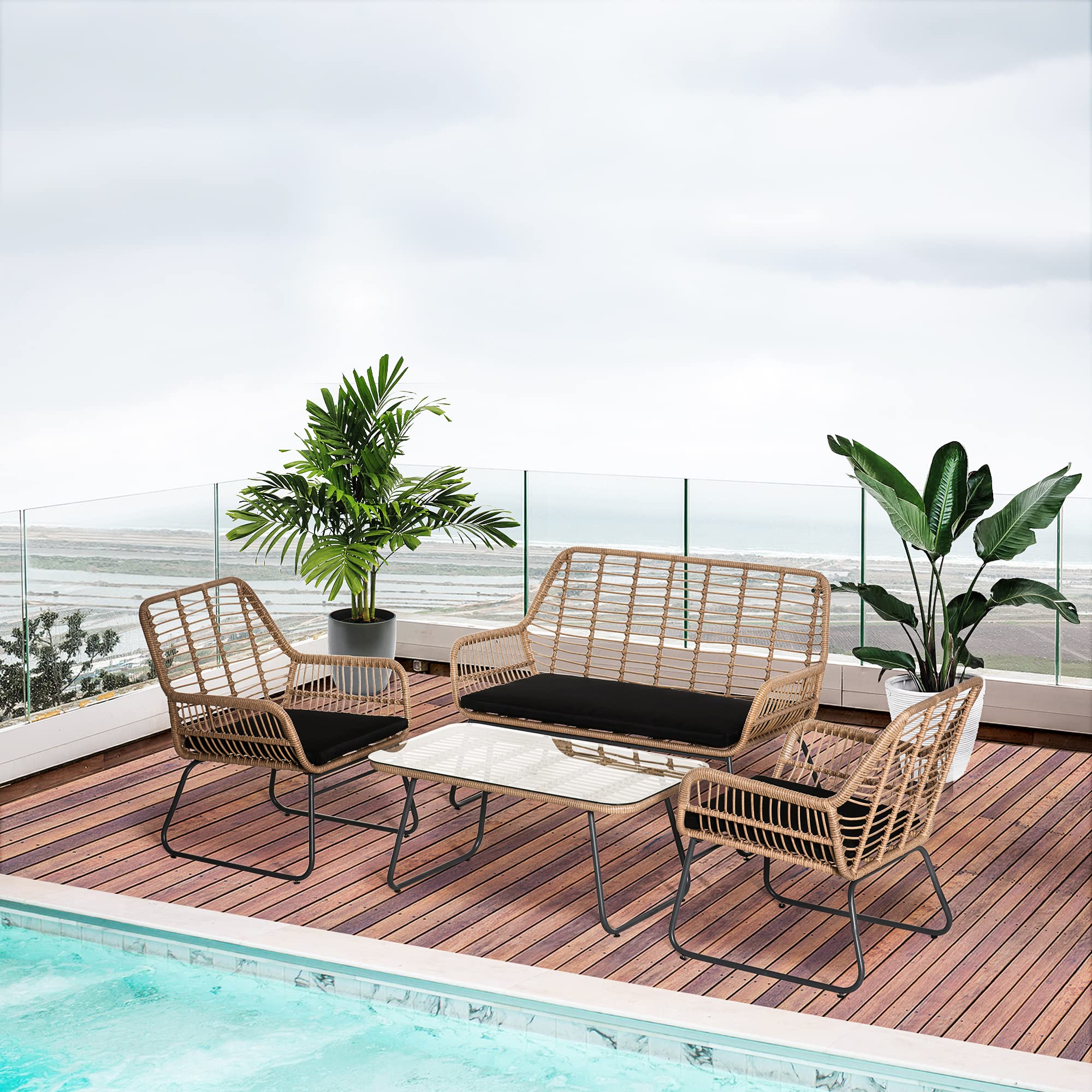 Outsunny Set Mobili da Giardino in Rattan PE da 4 Pezzi, Salotto da Esterno Stile Boho con 2 Poltrone, Divanetto e Tavolino con Ripiano