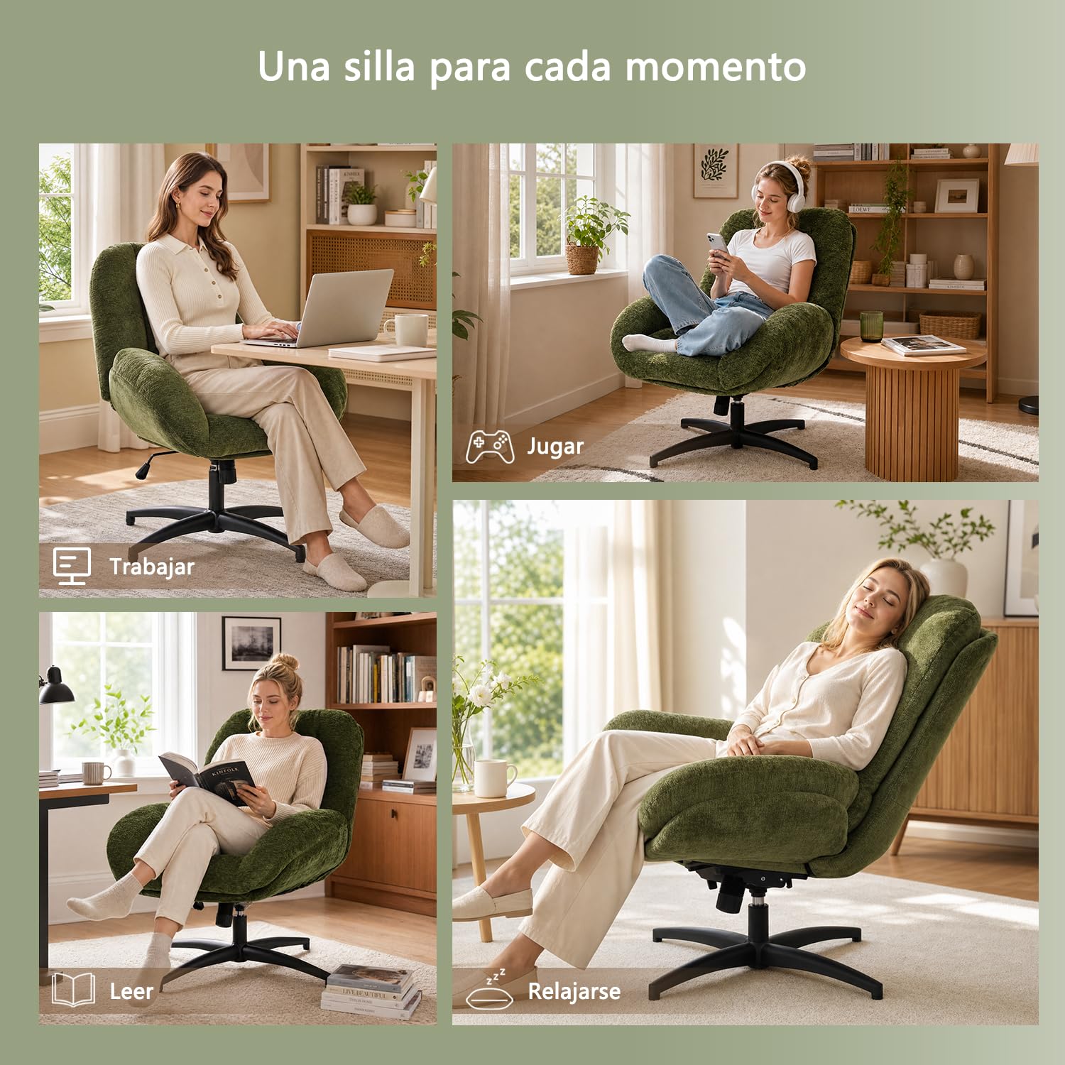 MEUBLE COSY Sillón Giratoria Butaca de Salón con Altura Ajustable Función de Inclinación, Silla Lectura con Tapizado en Tela de Chenilla, Verde