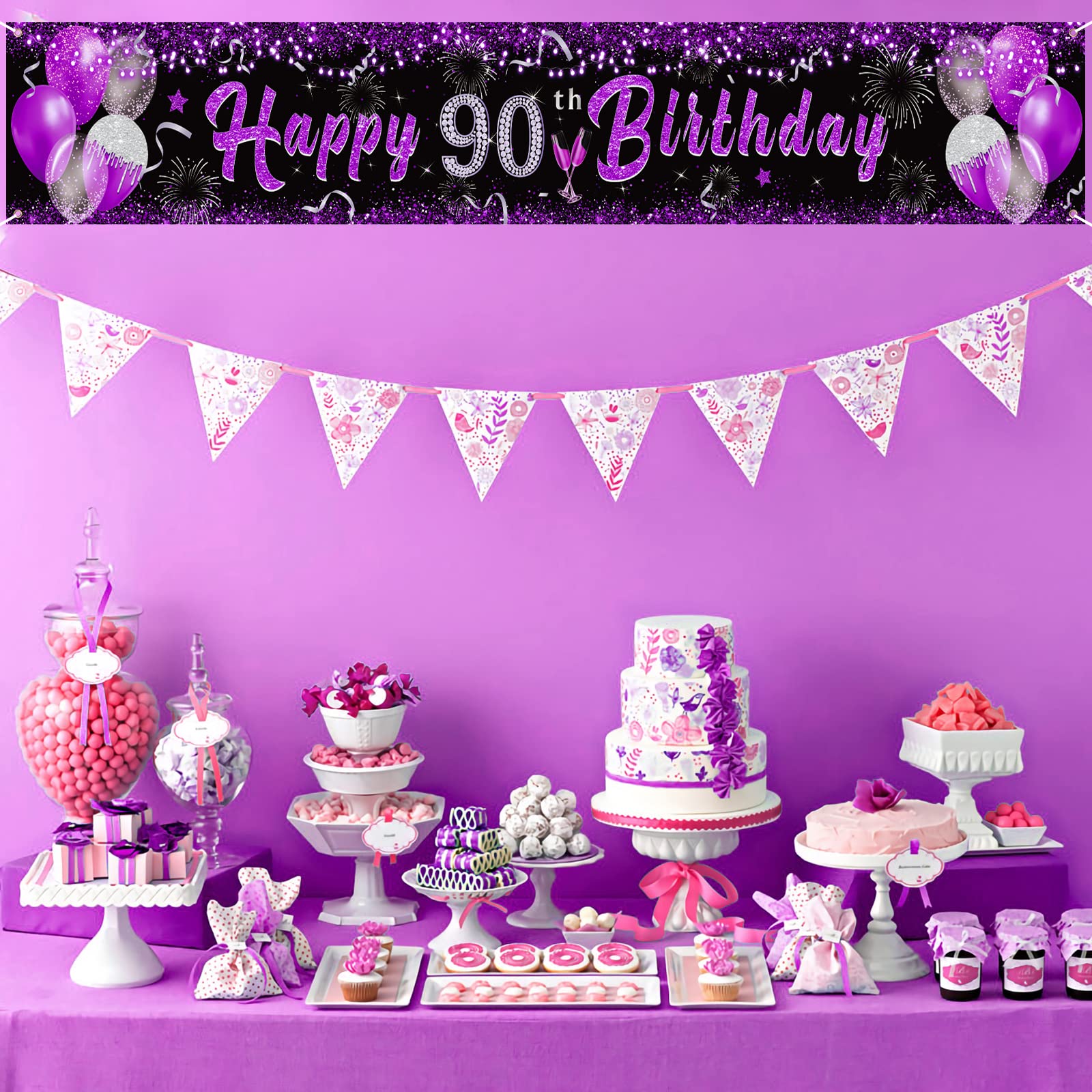 Happy 90th Birthday Purple Banner - Large 78x47 Inch Backdrop For Party Decor - View #9
