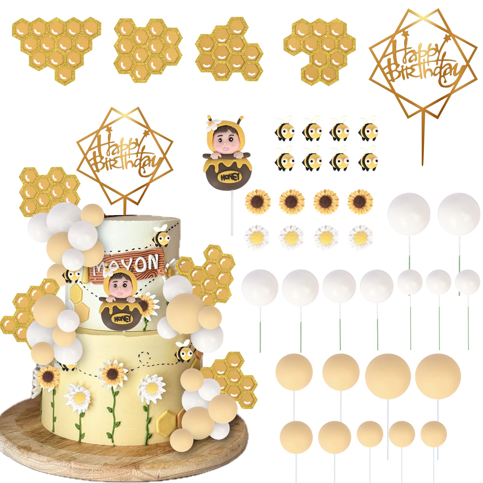 Xsstarmi 38 Pack Bee Cake Topper Honeycomb Cake Decorations Bumble Bee Cupcake Toppers Oh Babee Daisy Flower Cake Topper Picks for Baby Shower Kids Boys Girls Birthday Party Decorations