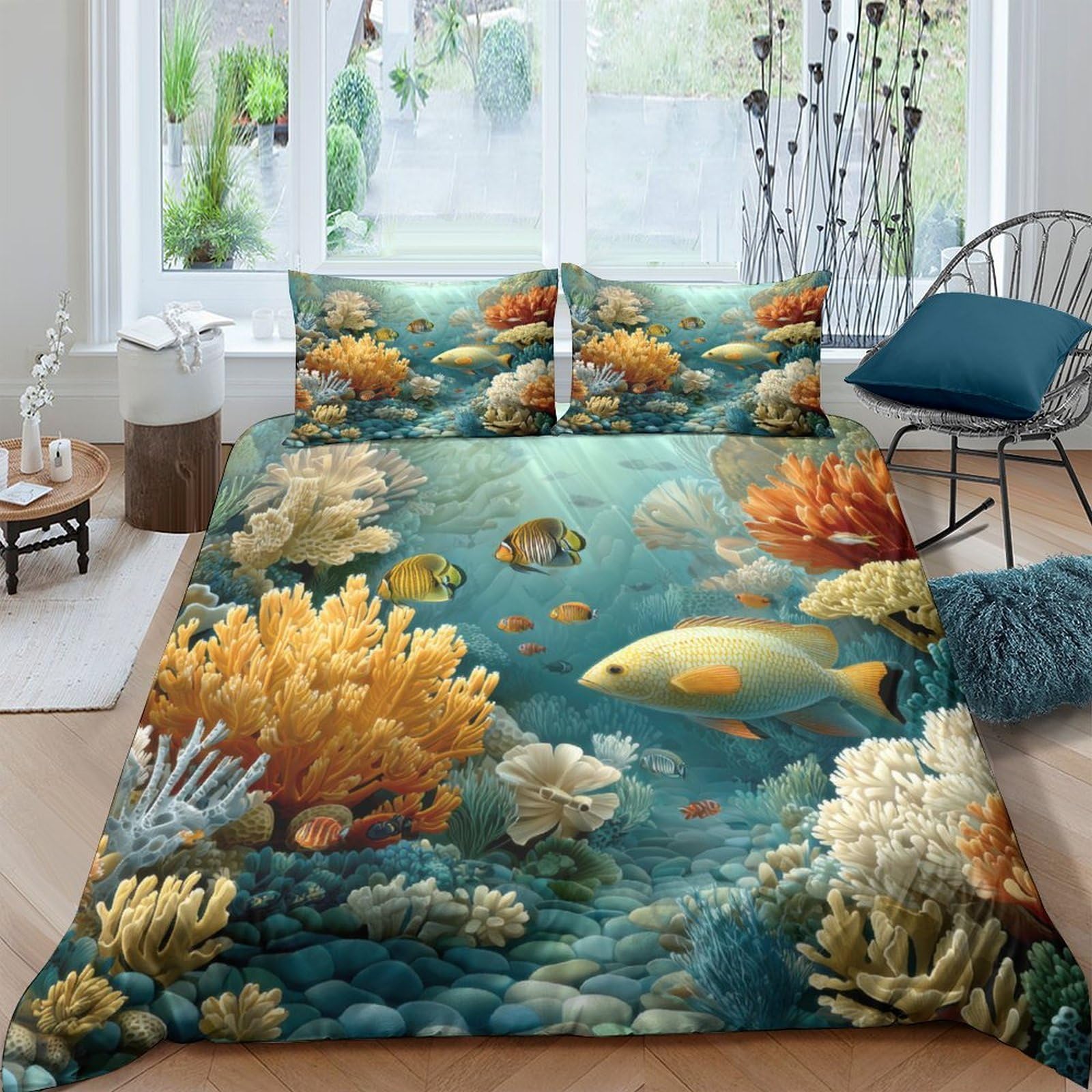 Ctjqhvkz Style-6 3D Printed Underwater Coral Fitted Sheet Microfiber Soft Fish Reef Bed Cover For Bedroom Decor Mattress Protection Single（135X200cm）