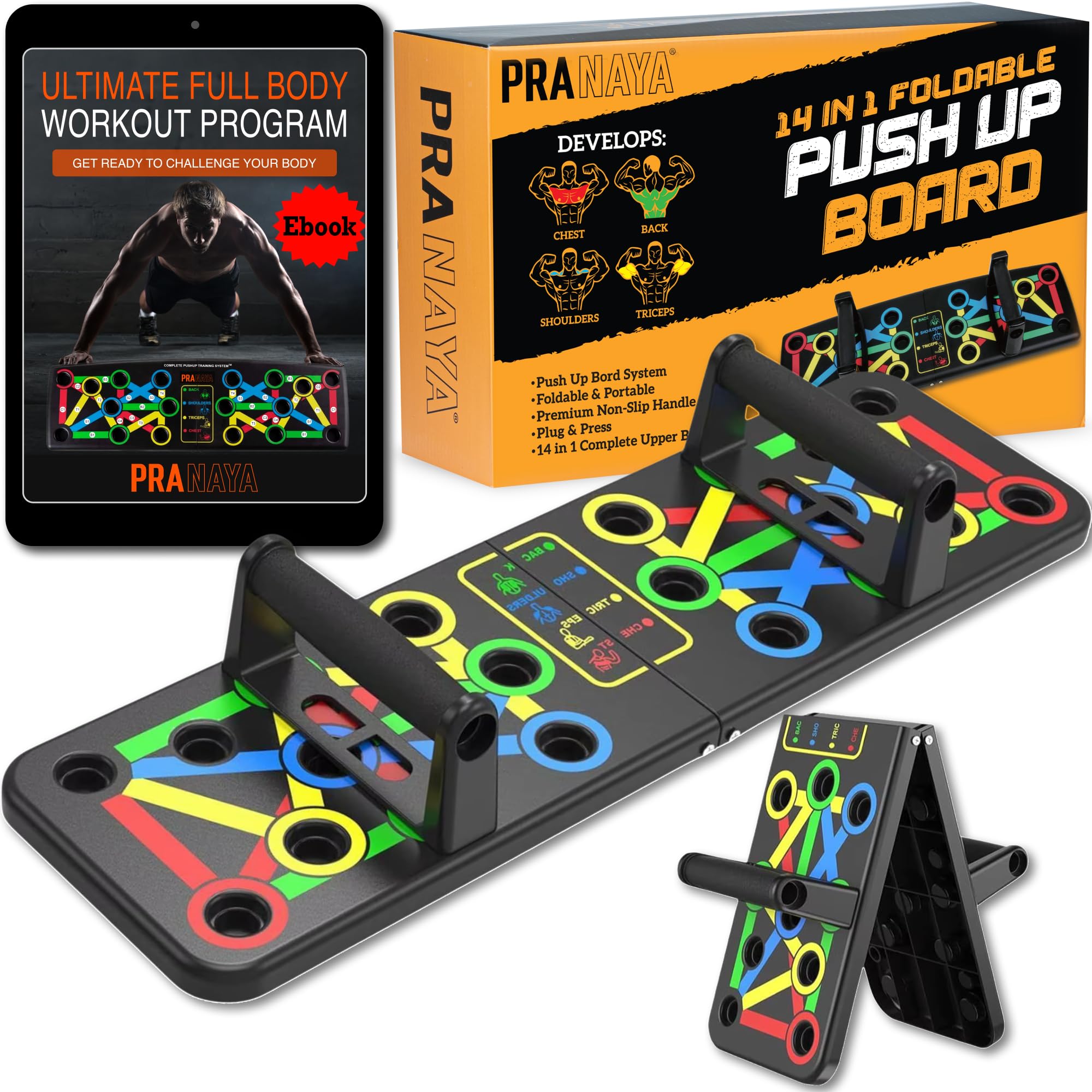 PRANAYA® Push Up Board 14-en-1 | Programme en Français + Vidéos QR Code | Planche à Pompes Guidée Pliable | Poignées Ergonomiques | Musculation Maison