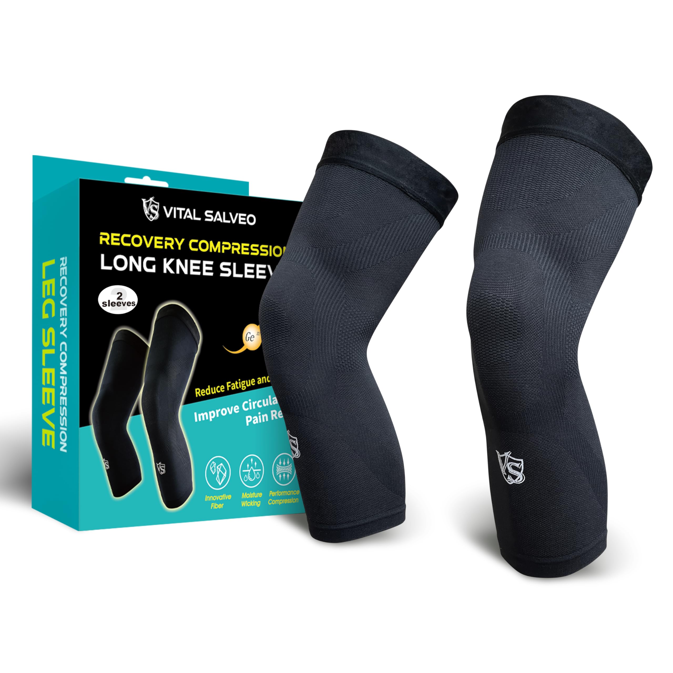 Vital Salveo-Sports and Outdoor Compression Long Knee Sleeves Support- Germanium Recovery Running, Basketball (1 Pair)-XX-Large