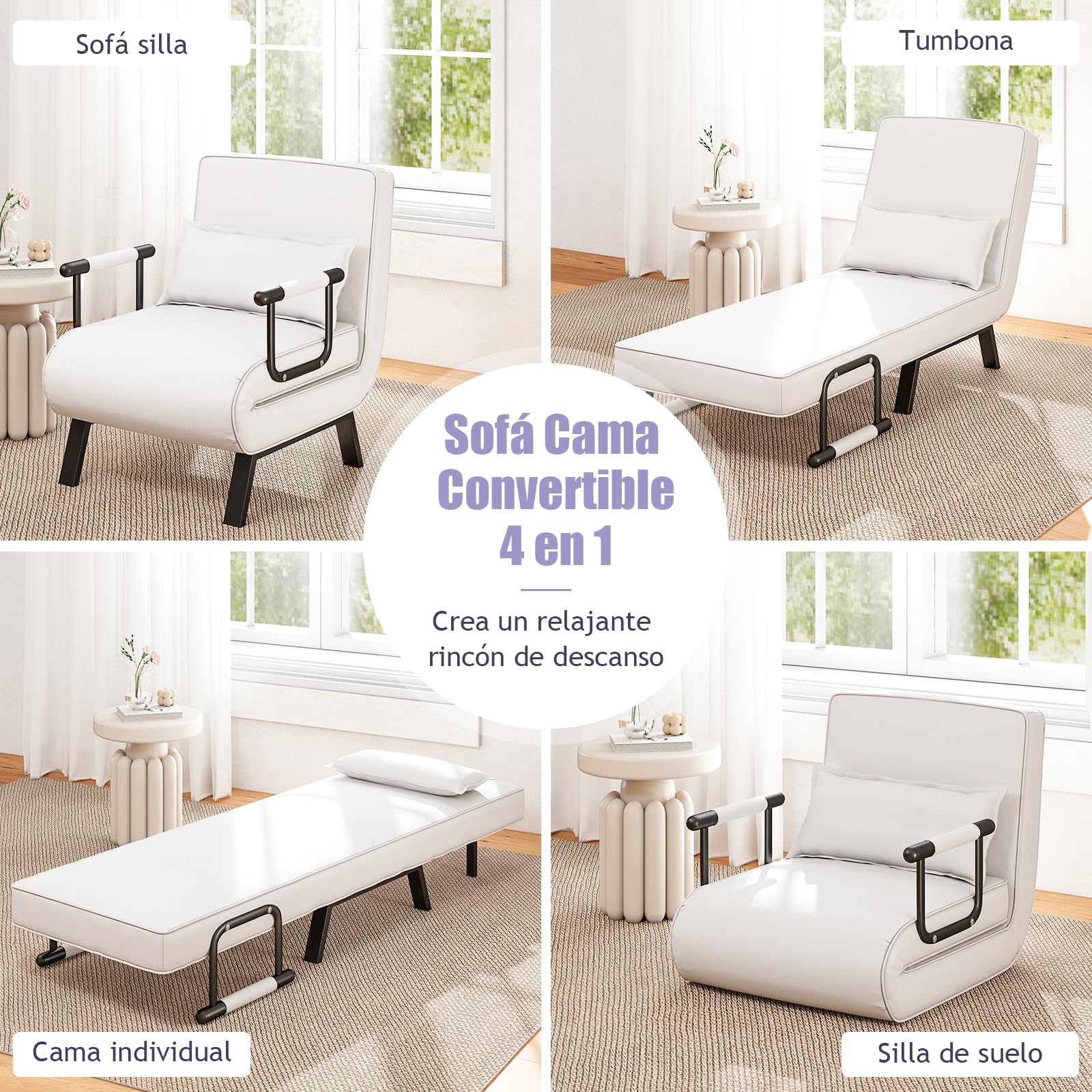 GOPLUS Sofá Cama Individual, Sillón Relax Reclinable 4 en 1 con Respaldo Ajustable en 6 Posiciones, Almohada y Orejero, Butaca de Salón 1 Plaza para Oficina, Salón, Carga 150kg (Blanco)