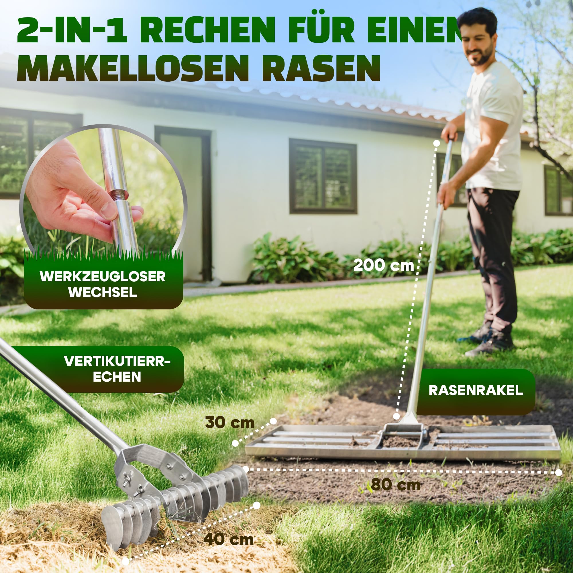 2in1 RasenRakel Edelstahl 80x30cm + vertikutierer Hand Rasen rake