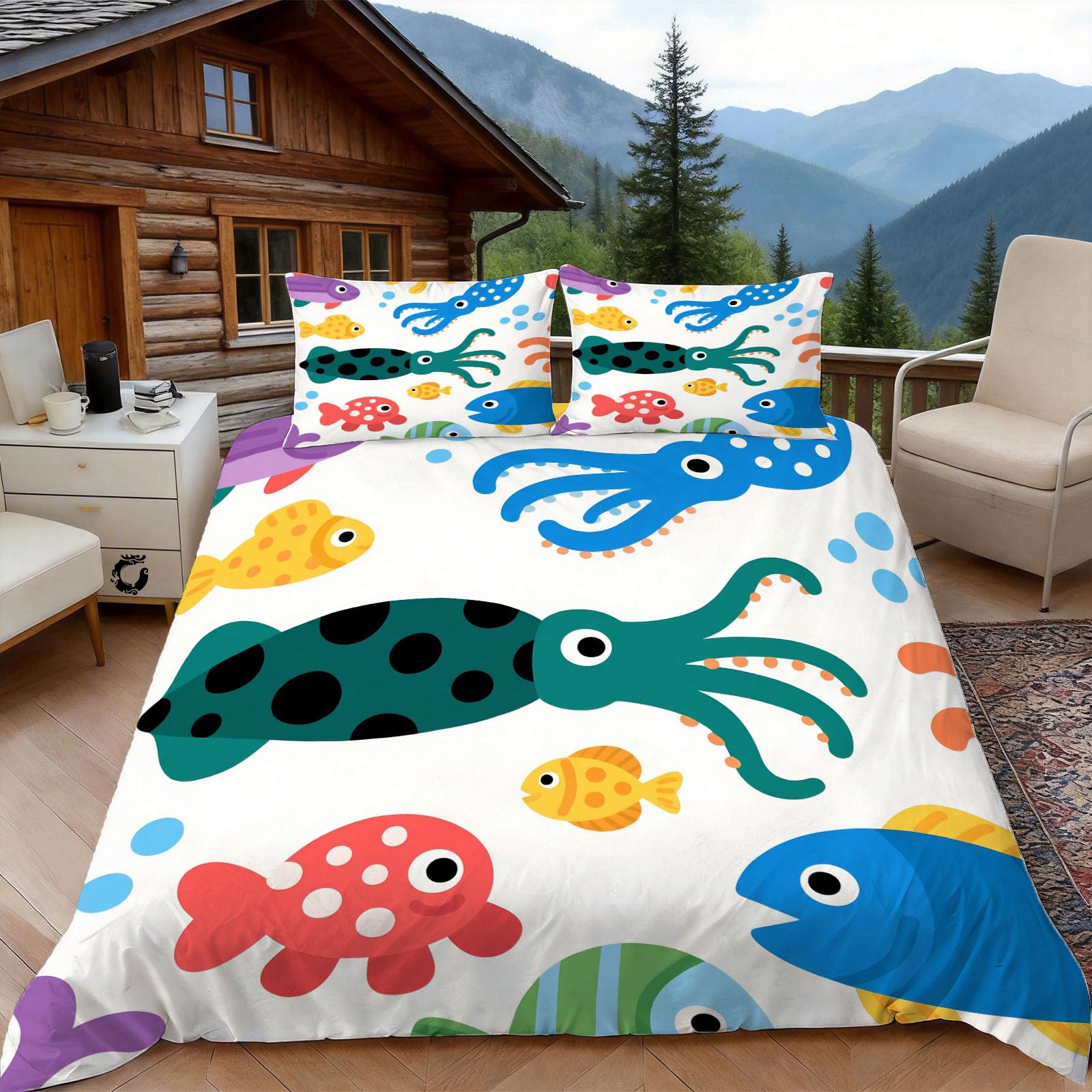 Housse de Couette 220x240 Animaux Marins Parure Lit 2 Personnes