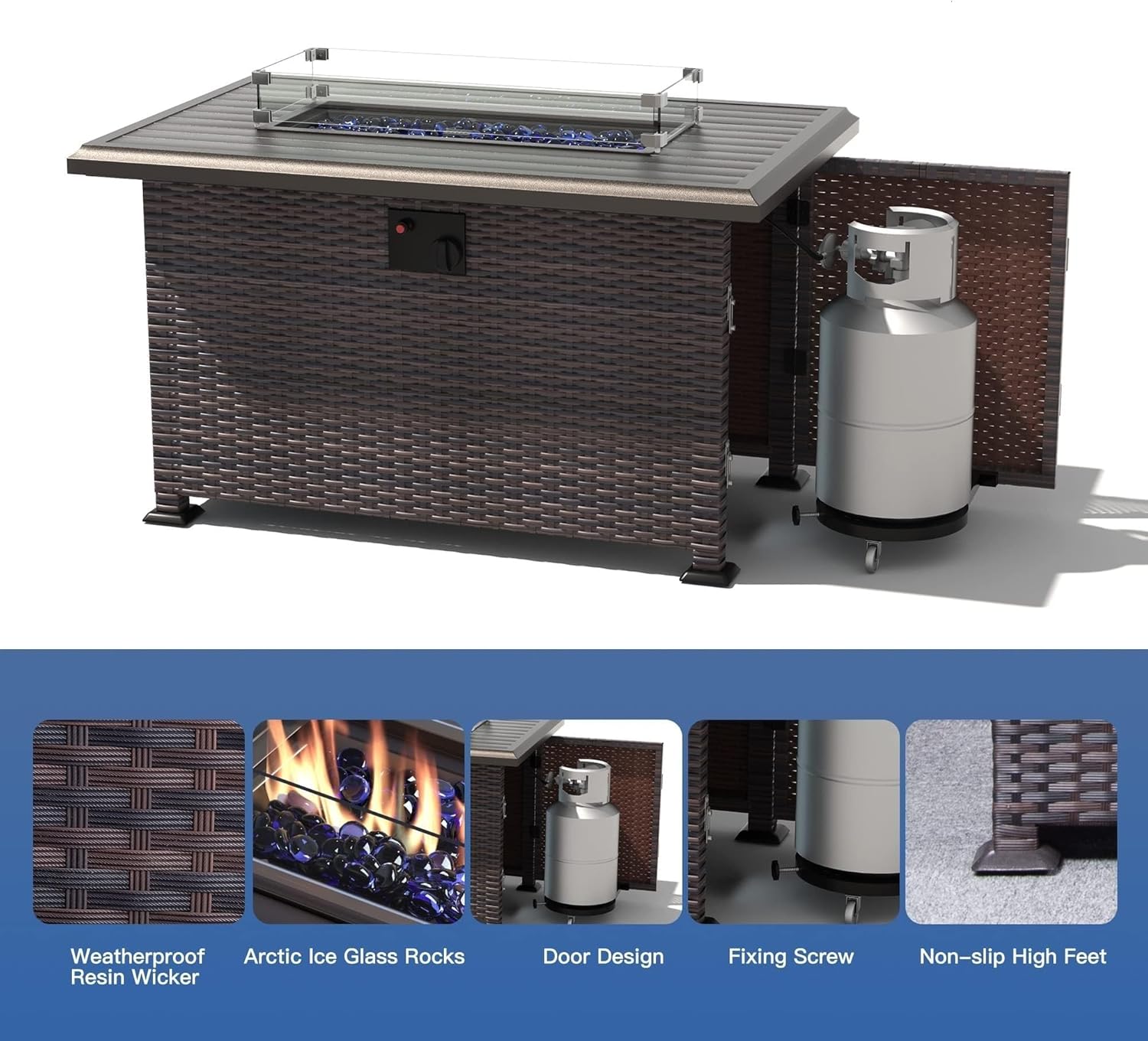 8 Pieces Outdoor Patio Furniture Set with 43" 55000BTU Gas Propane Fire Pit Table PE Wicker Rattan Sectional Sofa Patio Conversation Sets for Backyard Porch Balcony(Blue)